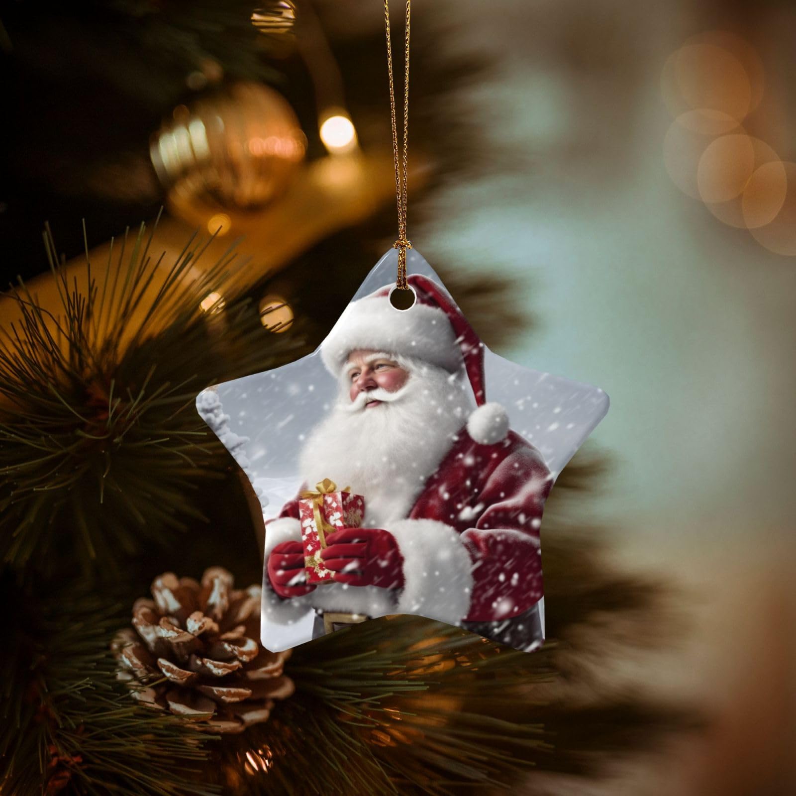 Christmas Ornaments for Christmas Tree Decoration Hanging Santa Claus Snow Secenry Ornament with Gold Ribbon Crafts Star Shape Ceramic Pendant for Keepsake Gifts Xmas Decor Party Supplies