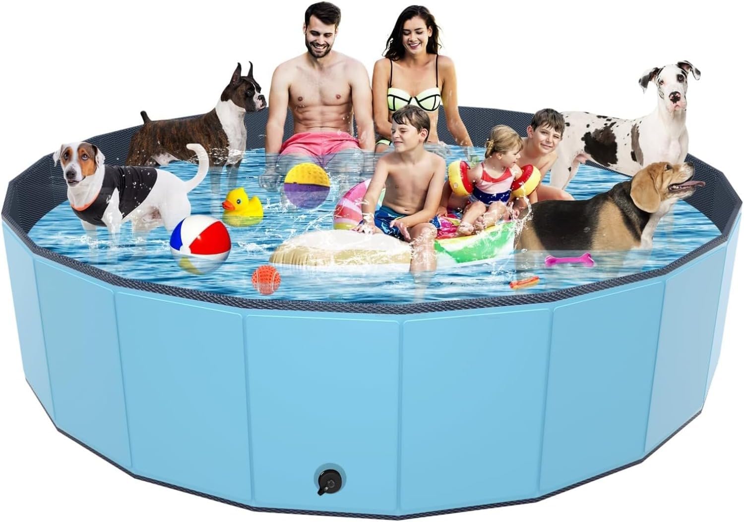87"x12" Blue Foldable Dog Pool, Portable PVC Collapsible Hard Plastic Pet Swimming Bathtub, with Drainage Valve & Storage Bag for Outdoor Indoor Use