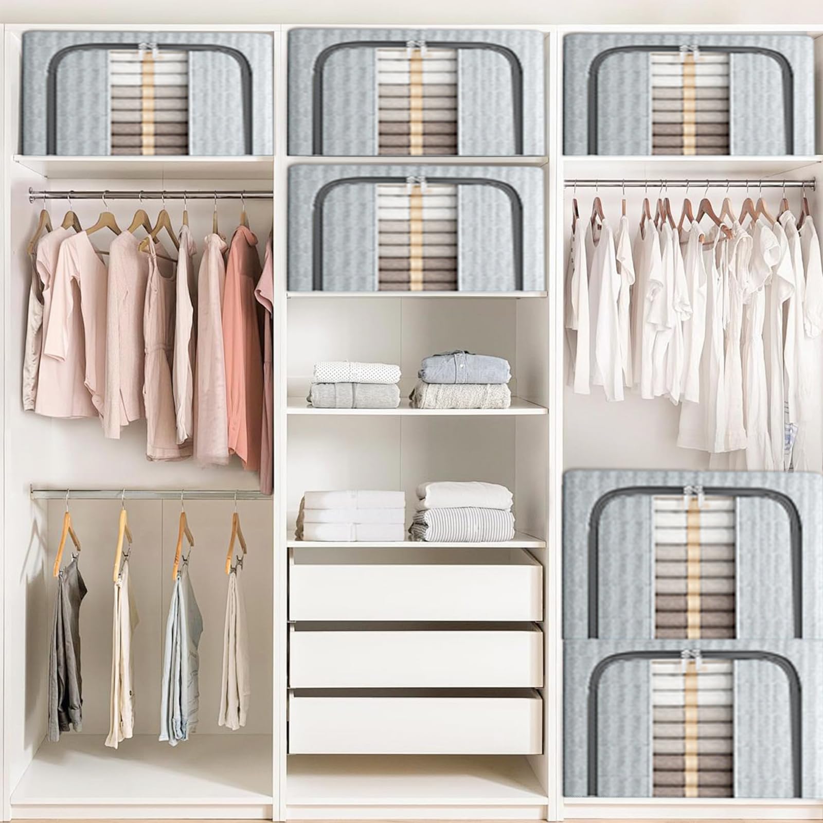 Lot di 2 Scatole per Armadio Rigide 66L, 50x40x33CM Scatole per Vestiti con Telaio in Metallo, Oxford & Doppia Finestra/Zip, Contenitori per Armadio Salvaspazio, Grigio