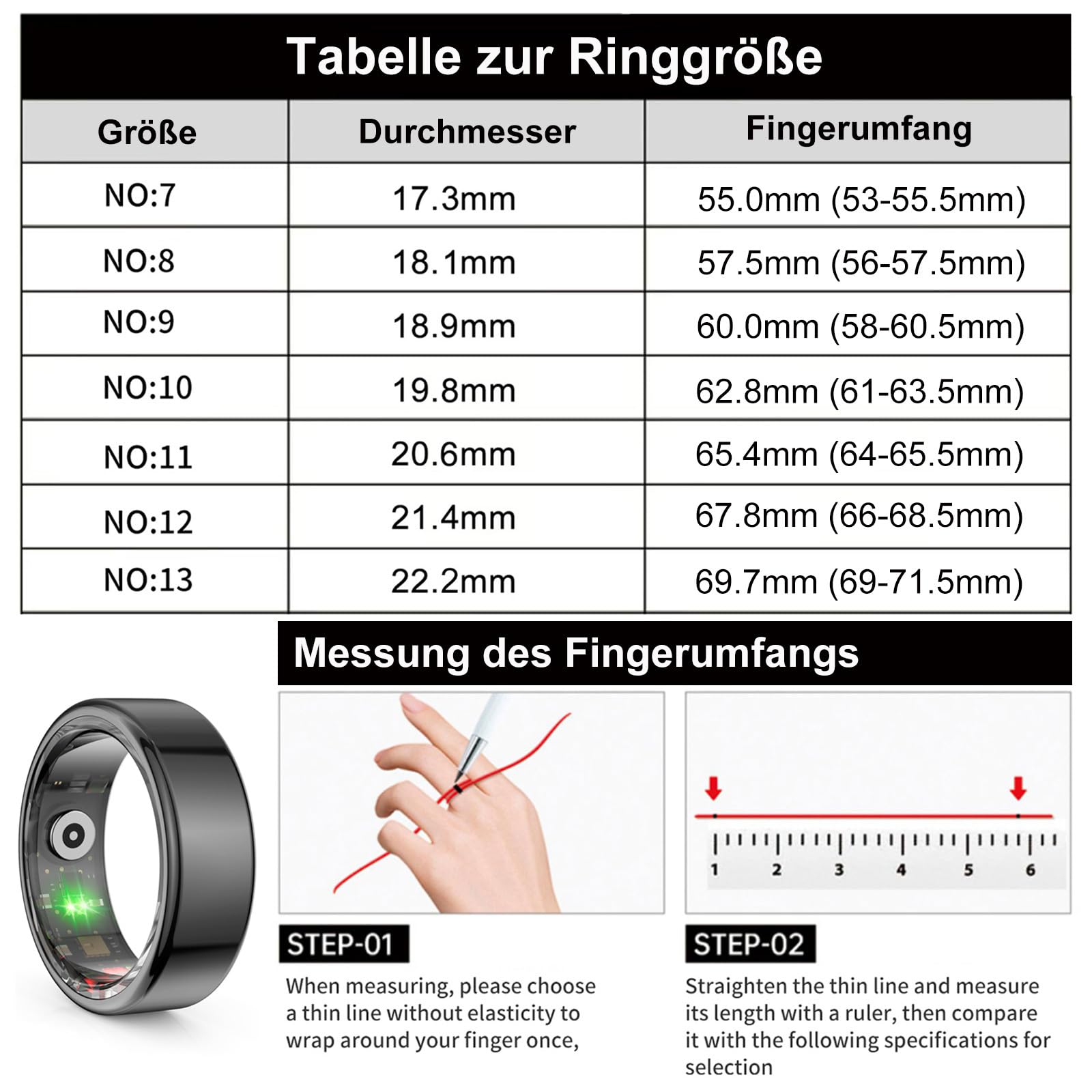 findtime Smart Ring Fitness Ring Tracker Smartringe für Herren Damen IP68 Wasserdicht Tracking Ring mit Podómetro Kalorien Herzquenz Schlaftracker SmartRing Android iOS