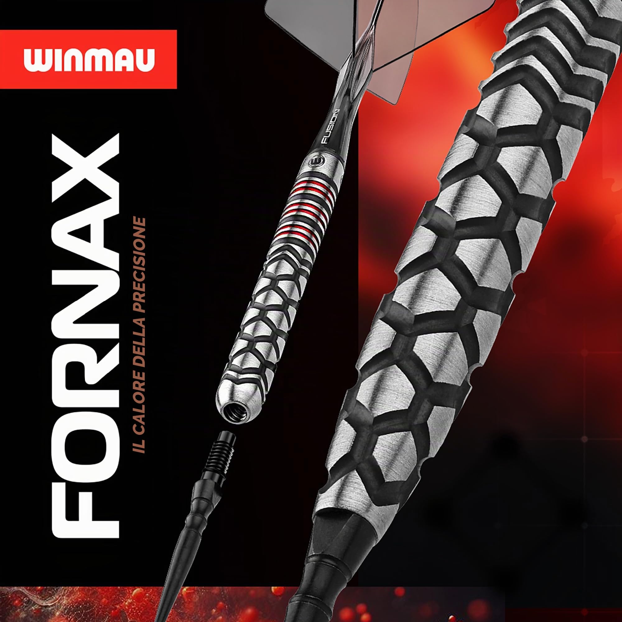 WINMAU Darts-Fornax – Set di freccette professionali al 90% in tungsteno, tecnologia Switch Point, fusti paralleli neri e rossi, 2 punti intercambiabili (onda e liscia), sistema di cambio rapido |