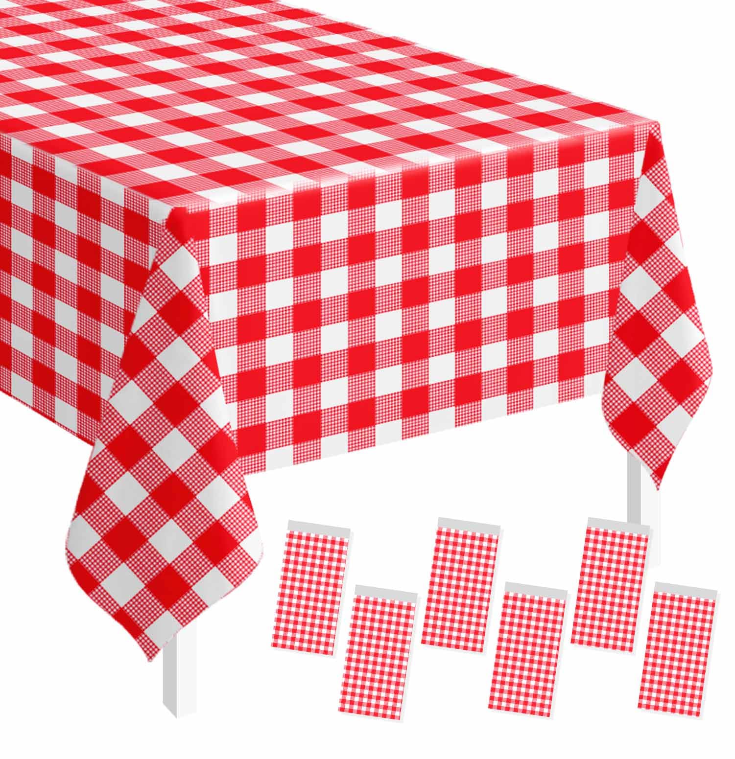 SietDESEO 6 Pack Red Gingham Tablecloth Rectangle 54 x 108 Red and White Checkered Table Cloth Disposable Plaid Table Cover Plastic for Birthday Baby Shower Picnic Wedding Party Supplies