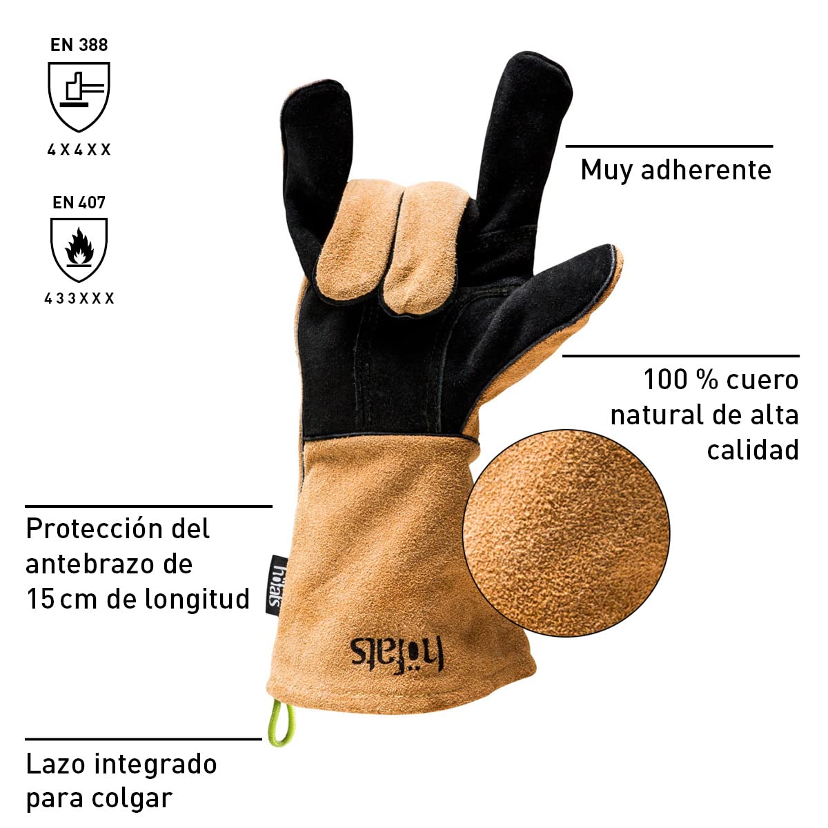 höfats - Guantes para barbacoa - Guante de chimenea de piel y aramida - extremadamente resistente al calor - Guante de horno para asar, cocinar y reponer madera - Certificado según EN 407 y EN 390