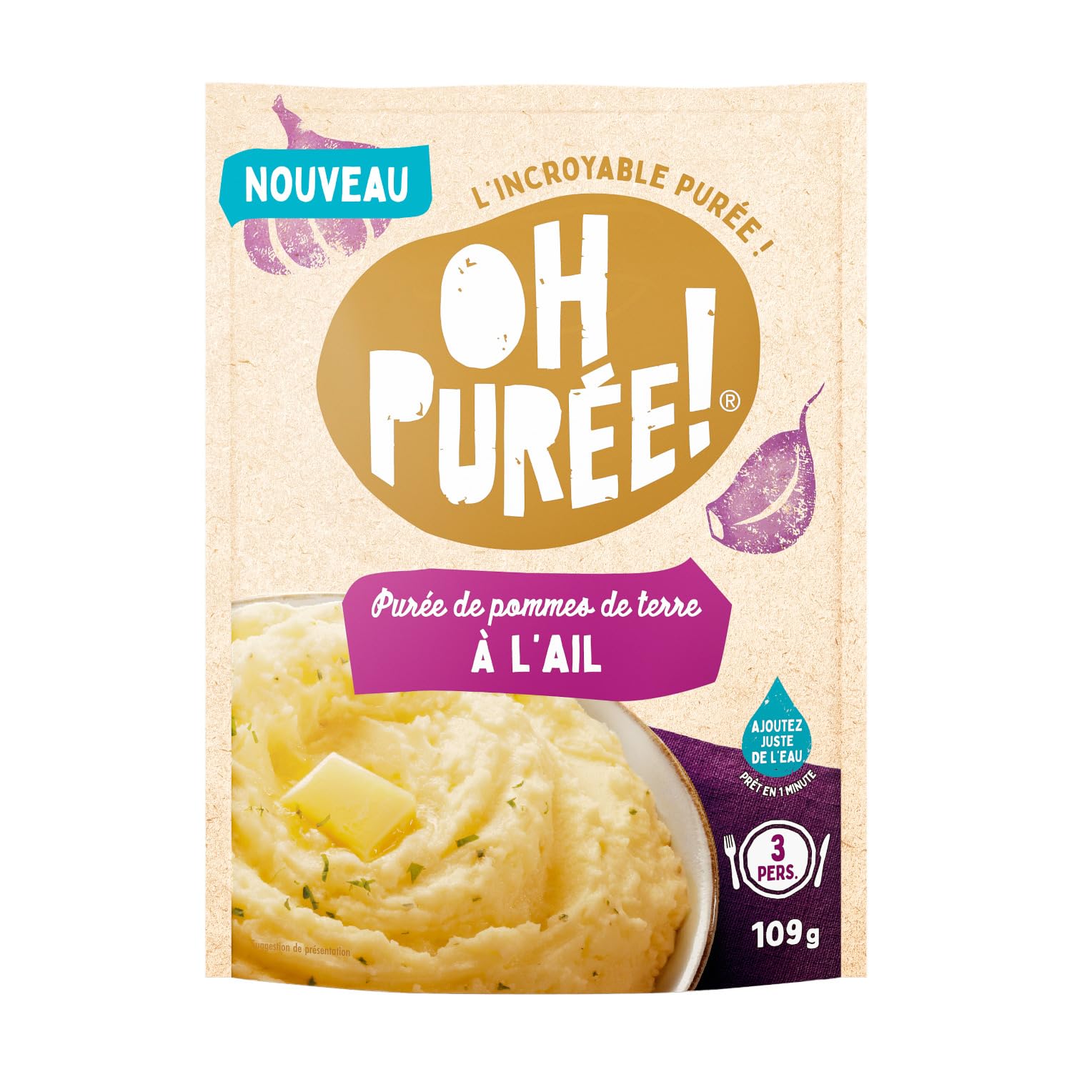 OH PUREE! Carton de 12 sachets de 109g saveur AIL- Une purée prête en 1 minute en ajoutant juste de l'eau !