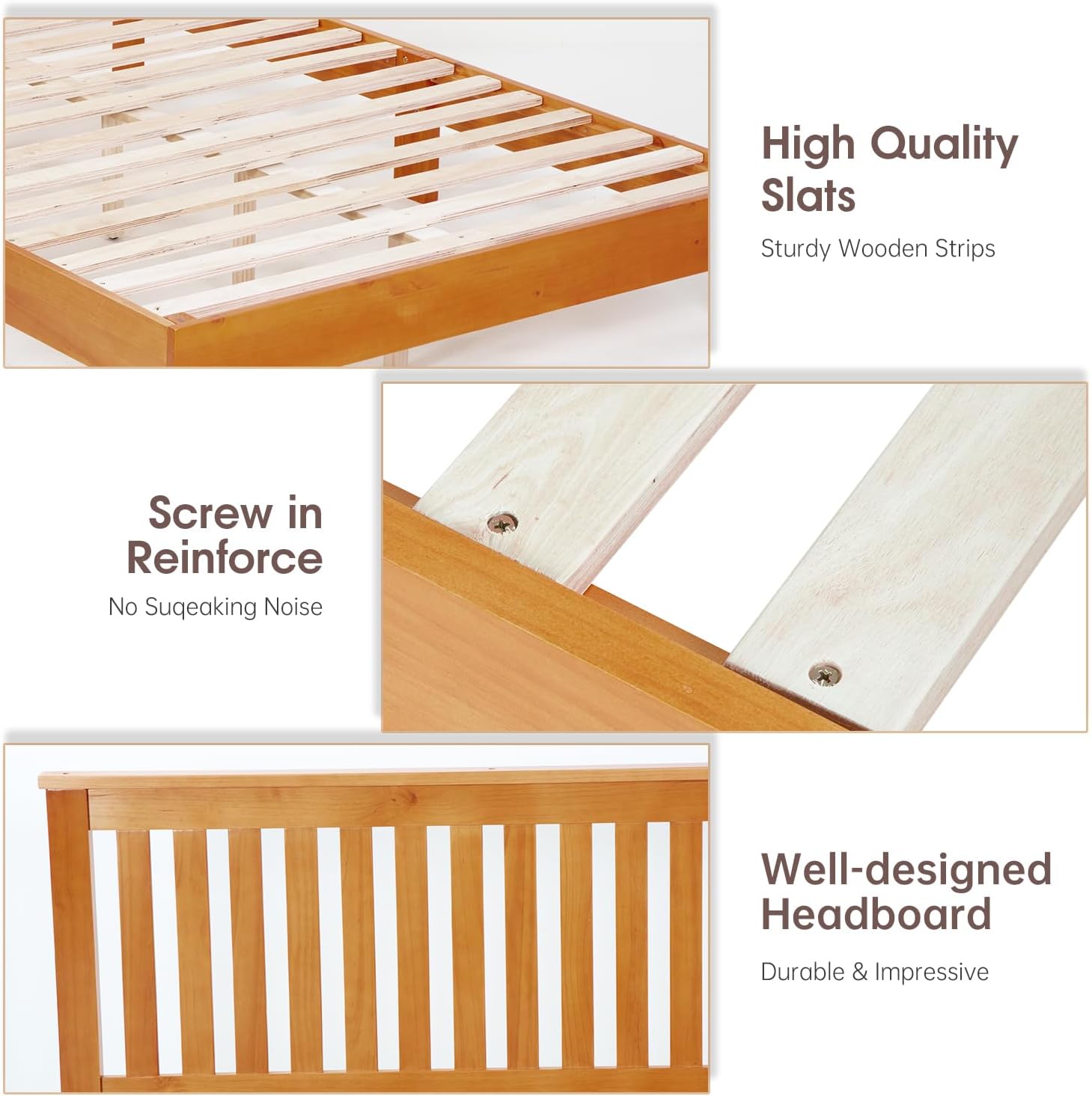 PayLessHere Wood Bed Frame Queen Size Solid Wood Platform Bed Frame with Headboard Wood Slats Support No Box Spring Needed Easy Assembly,Brown