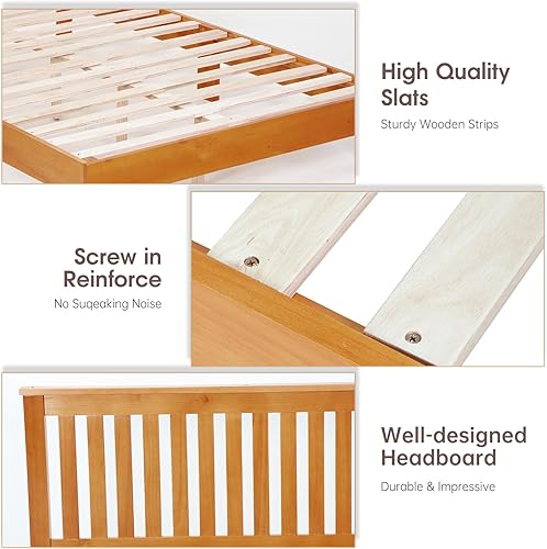 Miniatura 13 de PayLessHere Base de cama de plataforma de madera con cabecero tamaño King, base de madera maciza, soporte de listones de madera, no necesita somier,