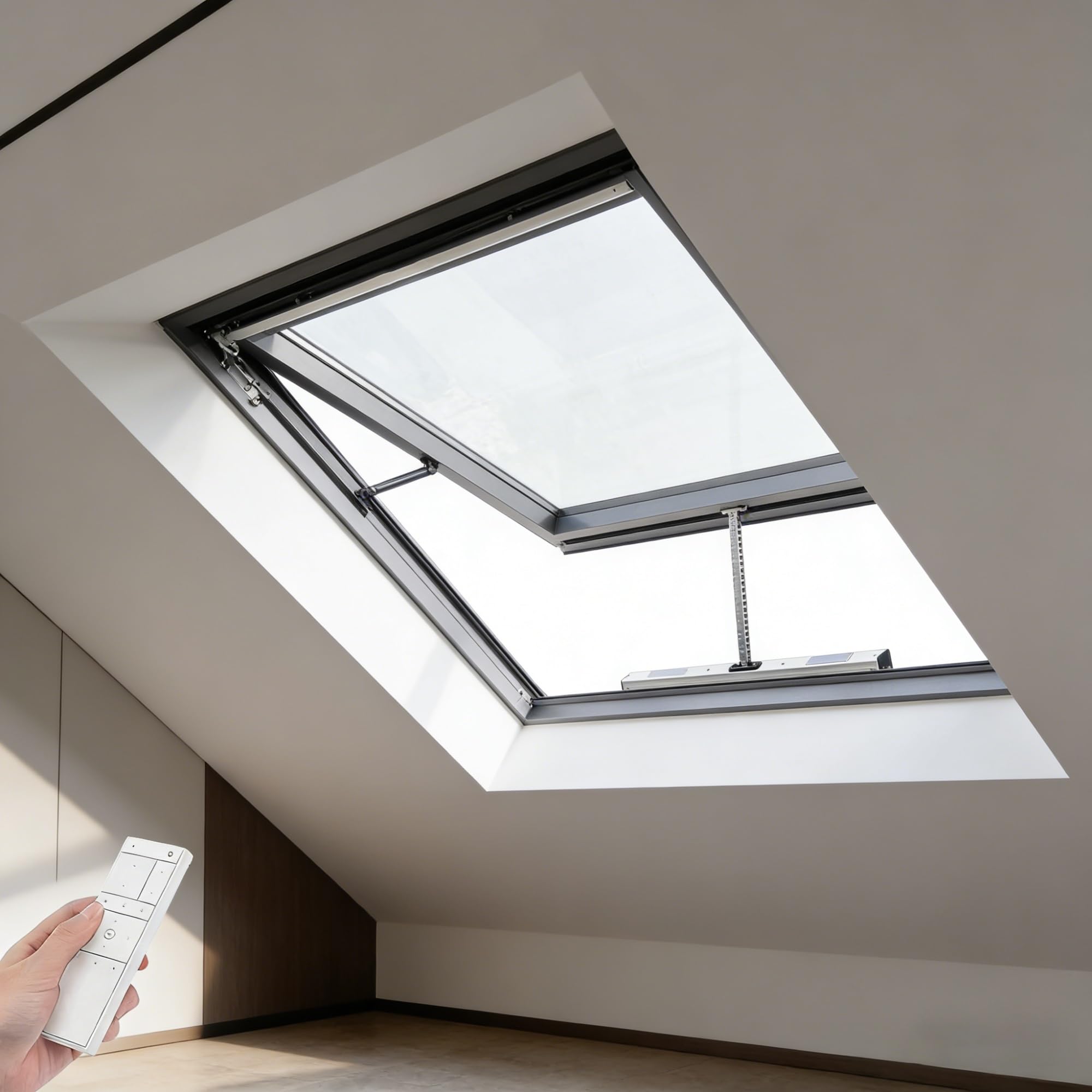 Ventana de Techo Eléctrica con Control Remoto, Tragaluz de Aluminio con Vidrio Templado Doble, Sensor de Lluvia Automático, Claraboya para Azotea, Sótano, Ático(White,LxW 70 x 70 cm)