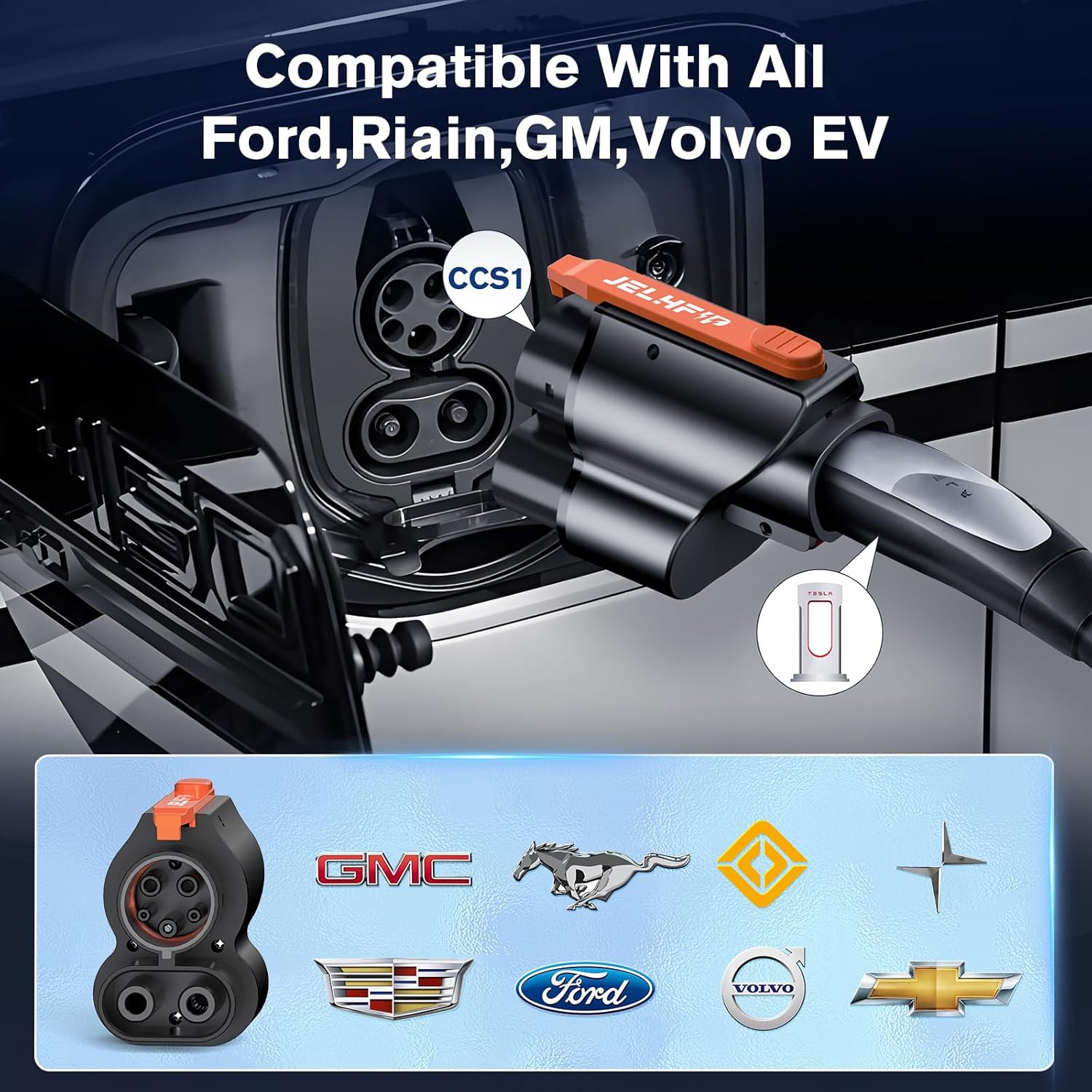 Tesla to CCS Adapter Tesla Supercharger Adapter 500A/1000V Max 250KW NACS to CCS Electric Vehicle Fast DC Charging Adapter Compatible with Ford,GM,Volvos,and Polestar EVs (Orange)