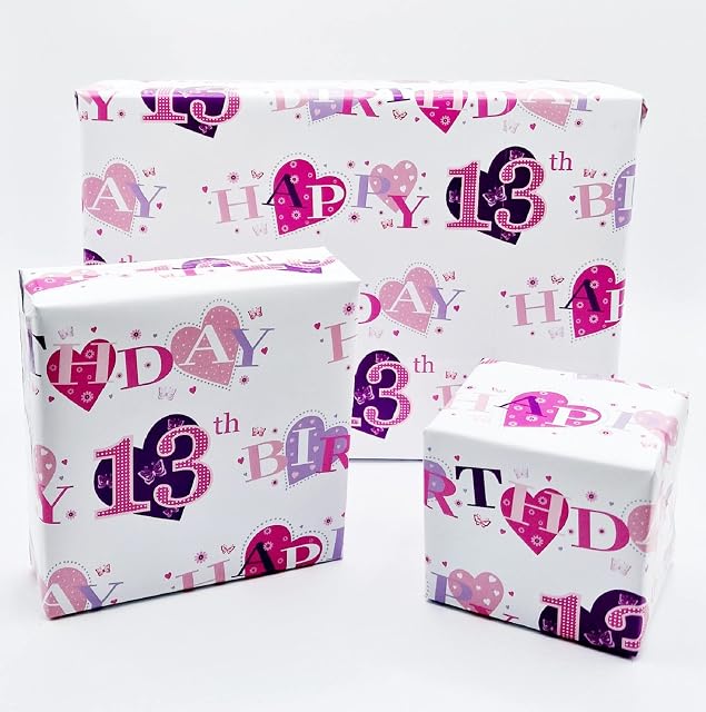 4 Sheets + 4 Gift Tags Heart Design 13th Birthday Pink Female Wrapping Paper Age 13 Birthday Gift Wrap Paper Pink Female (PA)