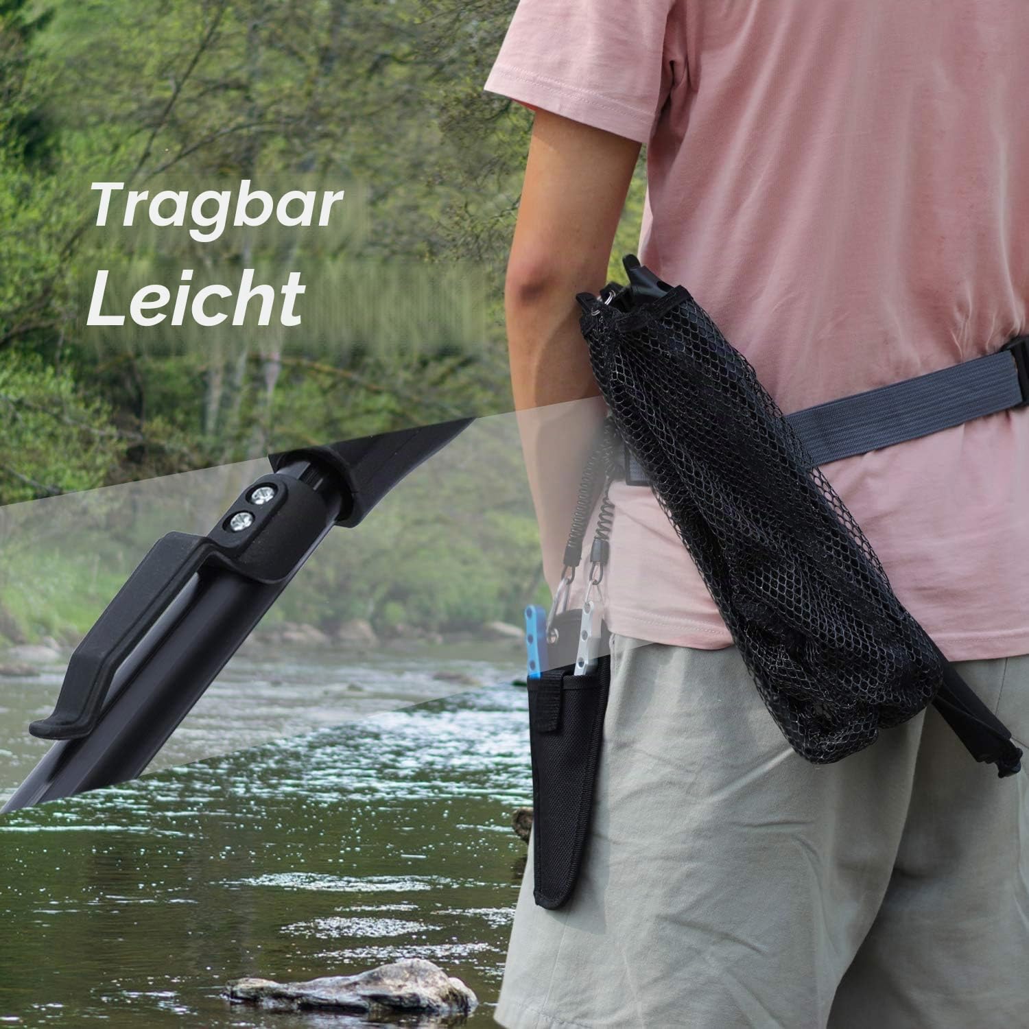 Sougayilang Fischkescher, Fischkescher, faltbar, zusammenklappbar, Teleskopstange, strapazierfähiges Nylon-Material, sicheres Fangen oder Freilassen von Fischen