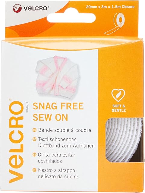 VELCRO Brand Sew On White Fabric Tape 20mm x 3m= 1.5m Closure High Quality & Multipurpose Snag Free Sticky Back for Fabrics, Hook And Loop Tape Sew On Fastener Roll - Perfect For Clothing,