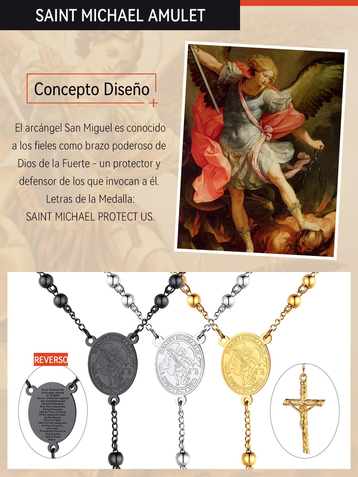 FaithHeart Collar Rosario Hombre Mujer Acero Inoxidable 316L Medalla San Miguel/Benito/Cristóbal/María con Cruz Jesucristo Joyería Religiosa para Rezo