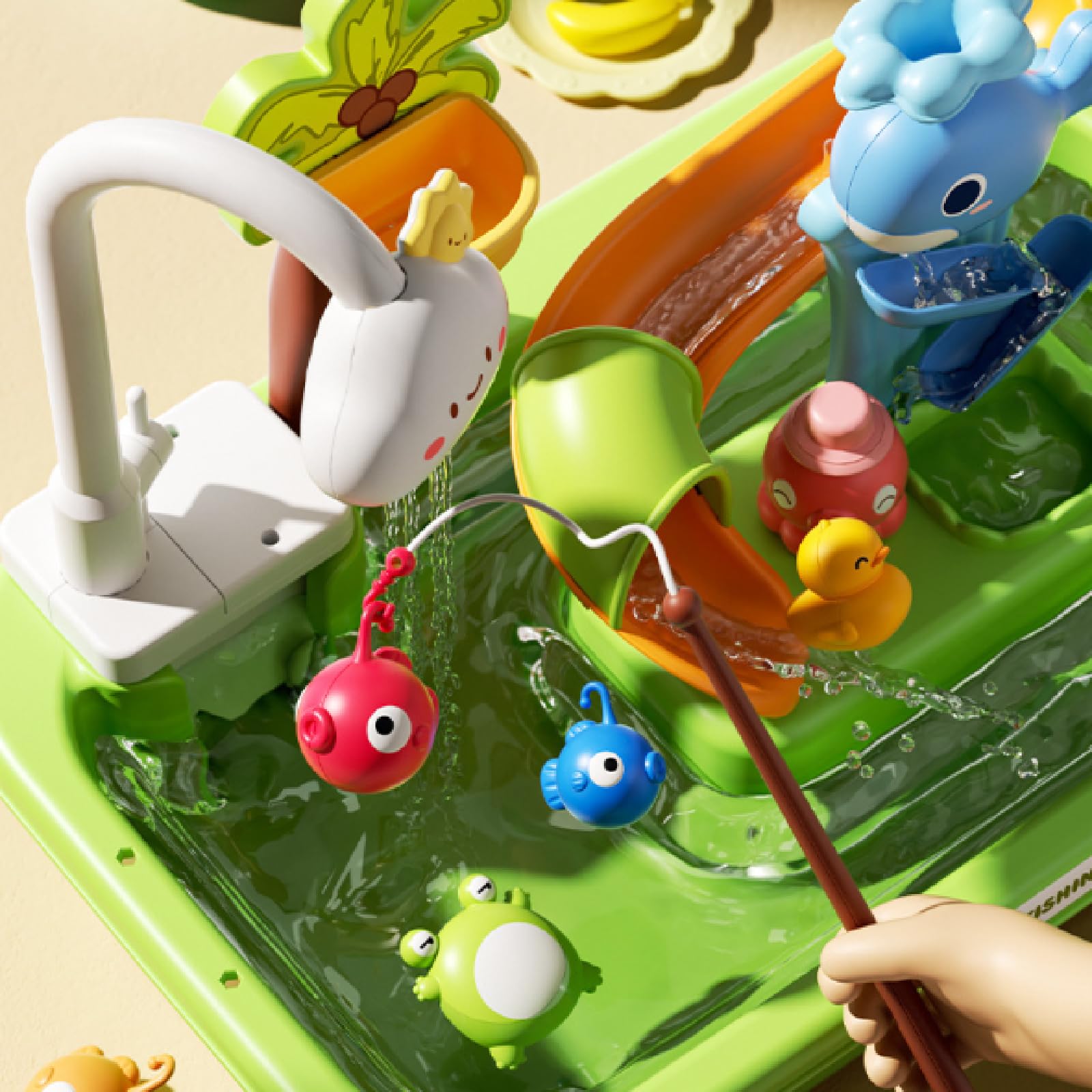 43 Pezzi di Giocattoli da Cucina, Set di Giochi di Ruolo, lavastoviglie, Accessori per Cucinare, Pesca, Set interattivo per Giocare a Fare Finta, Blu