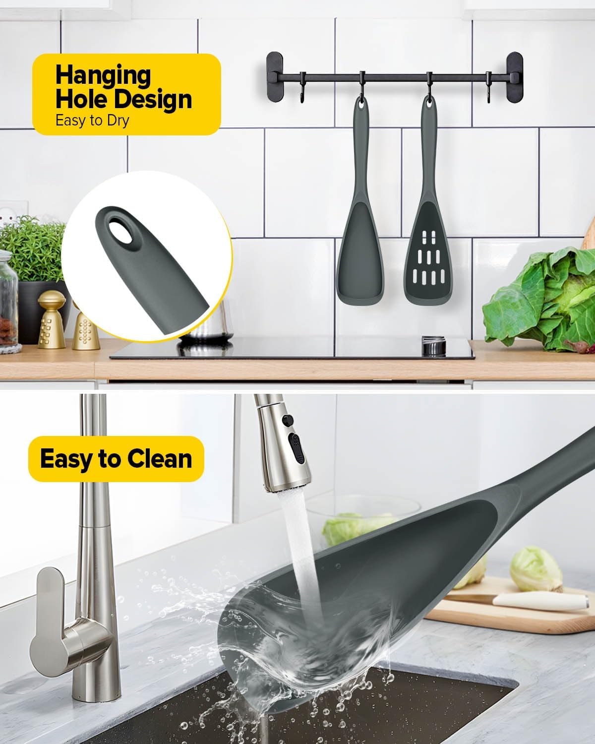 Pack of 2 Cooking Spoons for Non Stick Cookware, Multifunction Spatula Spoon BPA-Free, One-Piece Design, Suitable for Scooping, Scraping, Serving and Mixing(GRAY)