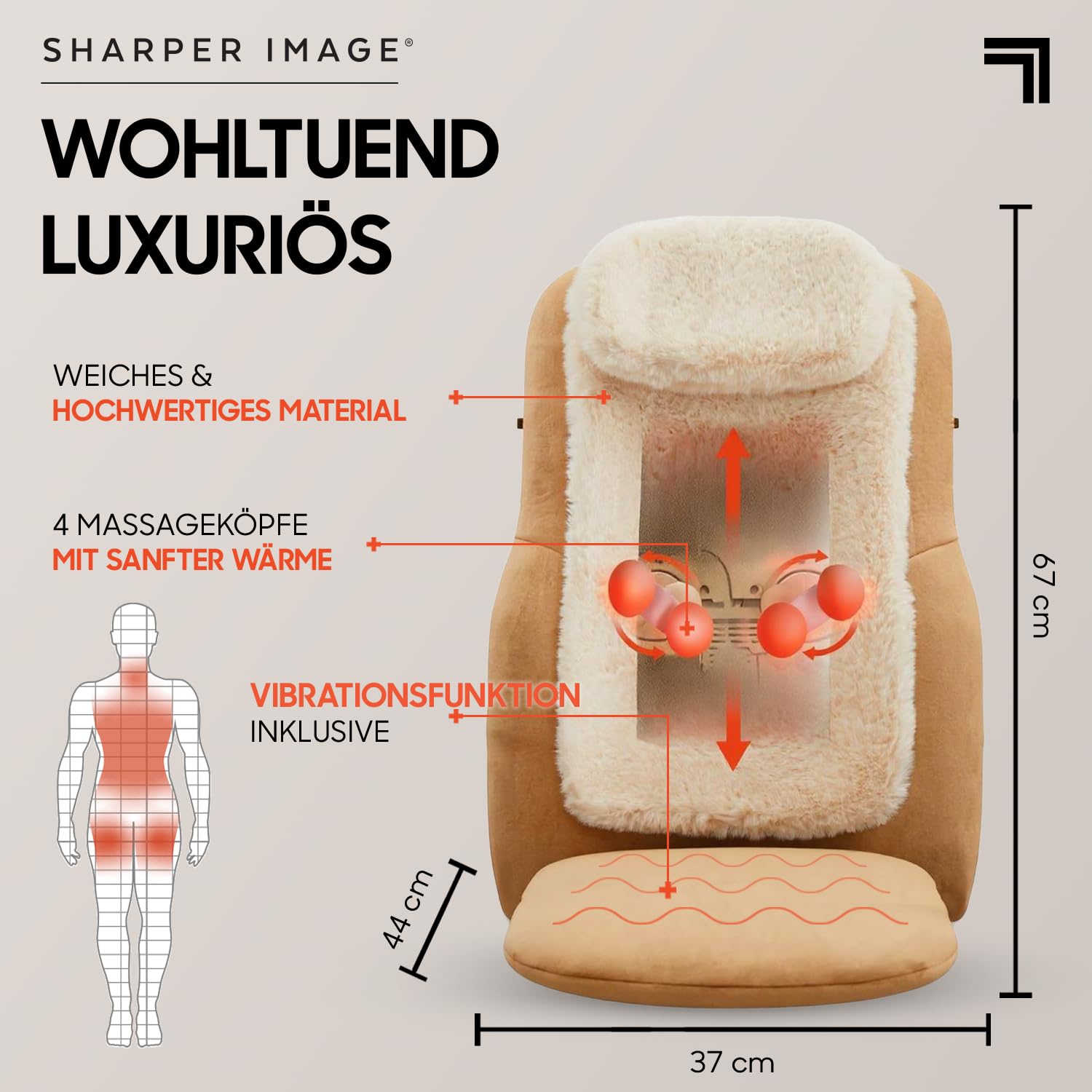 SHARPER IMAGE - Shiatsu Massage-Sitzauflage mit 4 Köpfen - Ultraweiche Polsterung - Wie echte Hände - Entspannung - Selfcare - Elektrisches Massagegerät mit Wärme