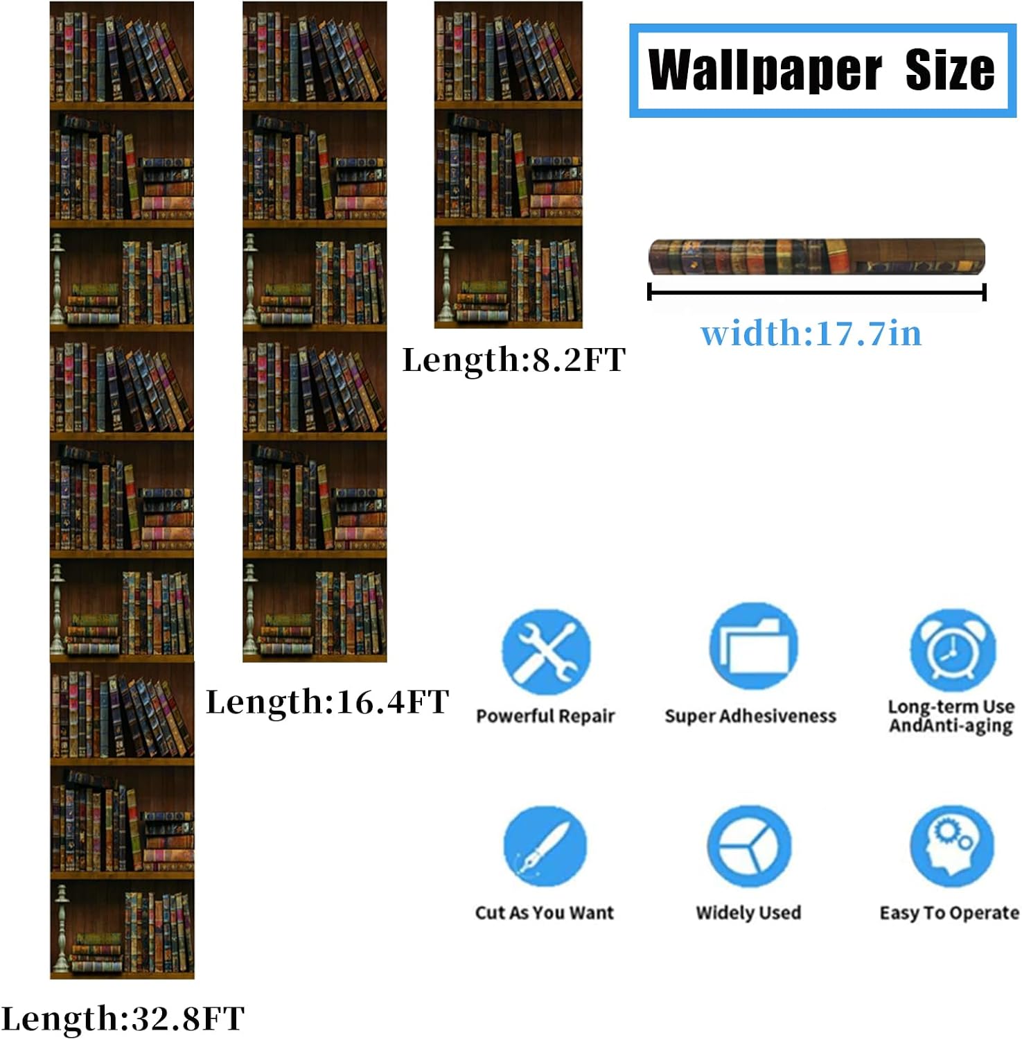 Self-Adhesive Vintage Bookshelf Peel-Stick Wallpaper Backsplash Shelf Liner Removable Door Vinyl Flooring Stickers Wallpapers 17.7inch by 98inch (17.7" x 393")