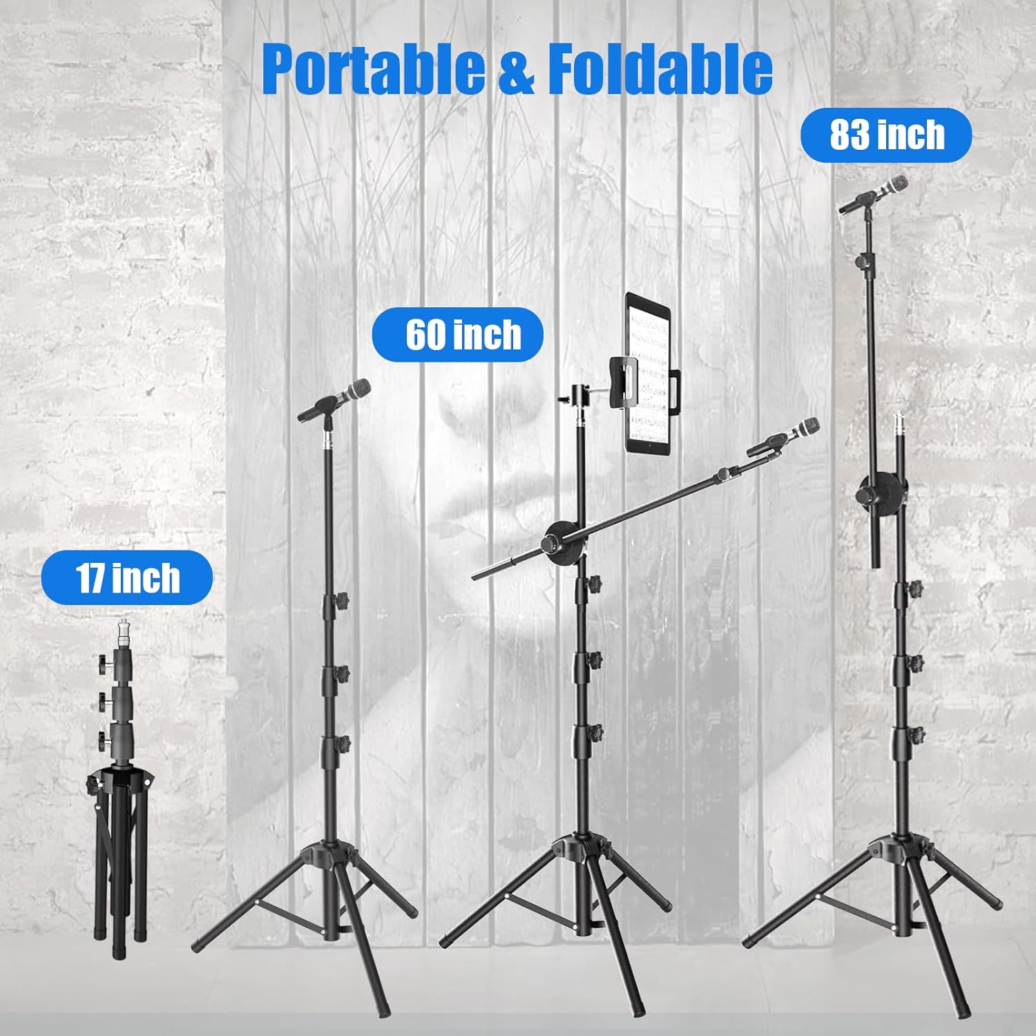 Kereal Microphone Stand Floor Boom Mic Stand with 360° Ball Head Tablet Holder, Two Mic Clips for Singing, Portable Mic stands Adjust Hight From 17” to 83” for Studio, Stage, Karaoke, DJ, Kids