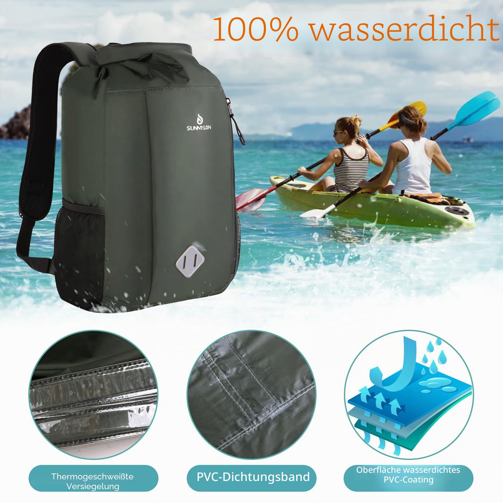 Dry Bag Rucksack,20L IPX8 wasserdichte Rucksack Rolltop mit Handyhülle,Wasserfester Tasche Schwimmen Wassersack,Seesack Rucksack für Kajak, Strand, Rafting, Bootfahren, Wandern, Camping