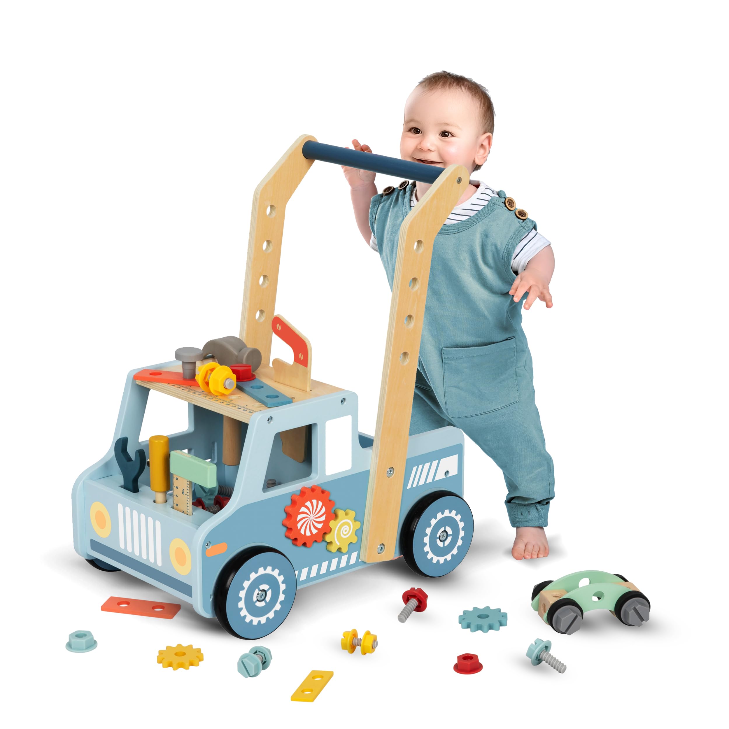 KAUZA Andador Bebé Madera 3 en 1, Montessori Caminador para Bebes 1–3 Años, Carrito con Almacenaje, Correpasillos Estable, Juguete Educativo Primeros Pasos, Centro Actividades Sensoriales, Asa Cómoda