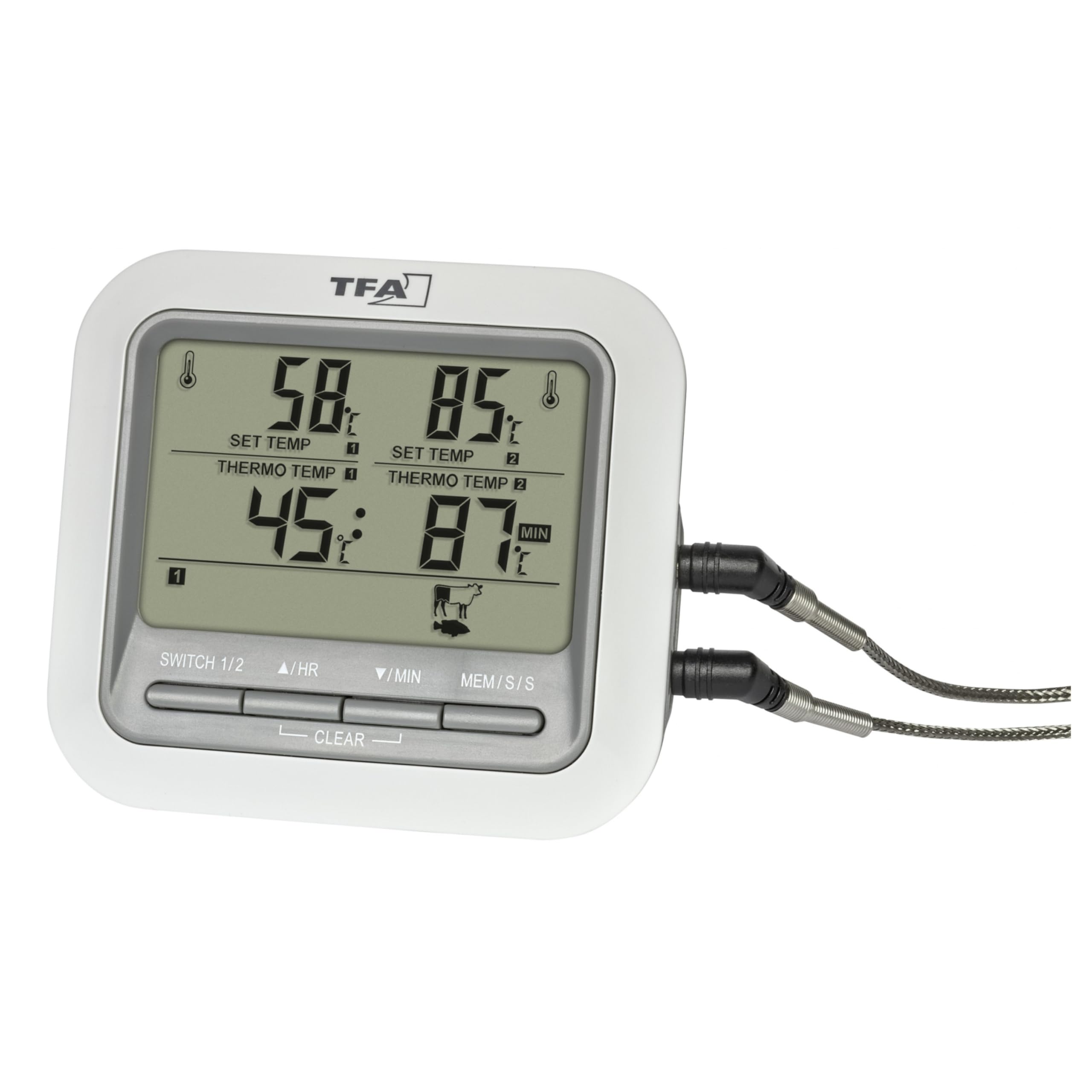 TFA Dostmann Termometro digitale per arrosti, 14.1516, con 2 sonde in acciaio inox, termometro per carne, fino a 300°C, con funzione di allarme, manzo/maiale/pollo/pesce (bianco con batterie)