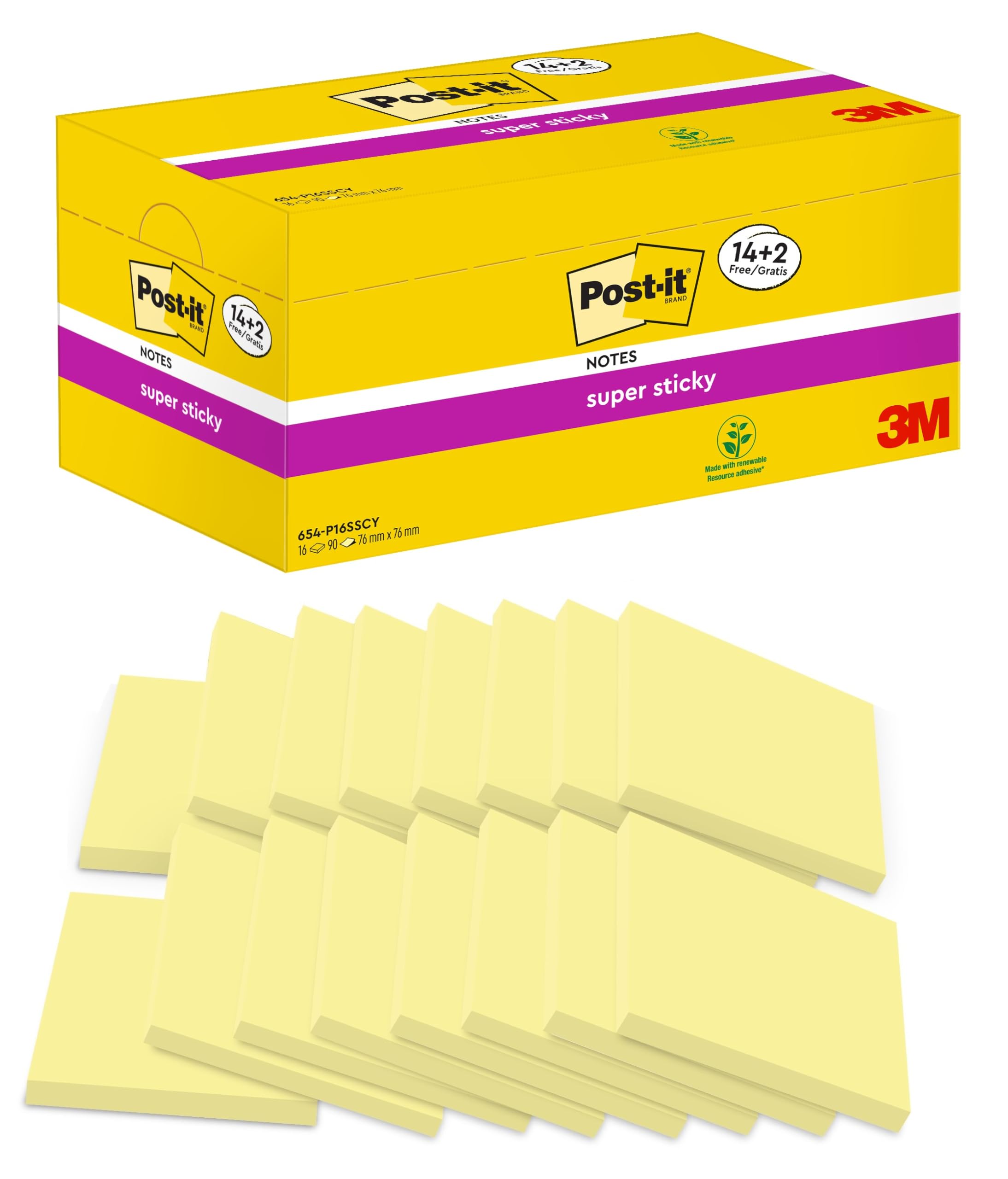 Post-it Super Sticky Foglietti Adesivi 76mm x 76mm Giallo 14+2 blocchetti 90 fogli