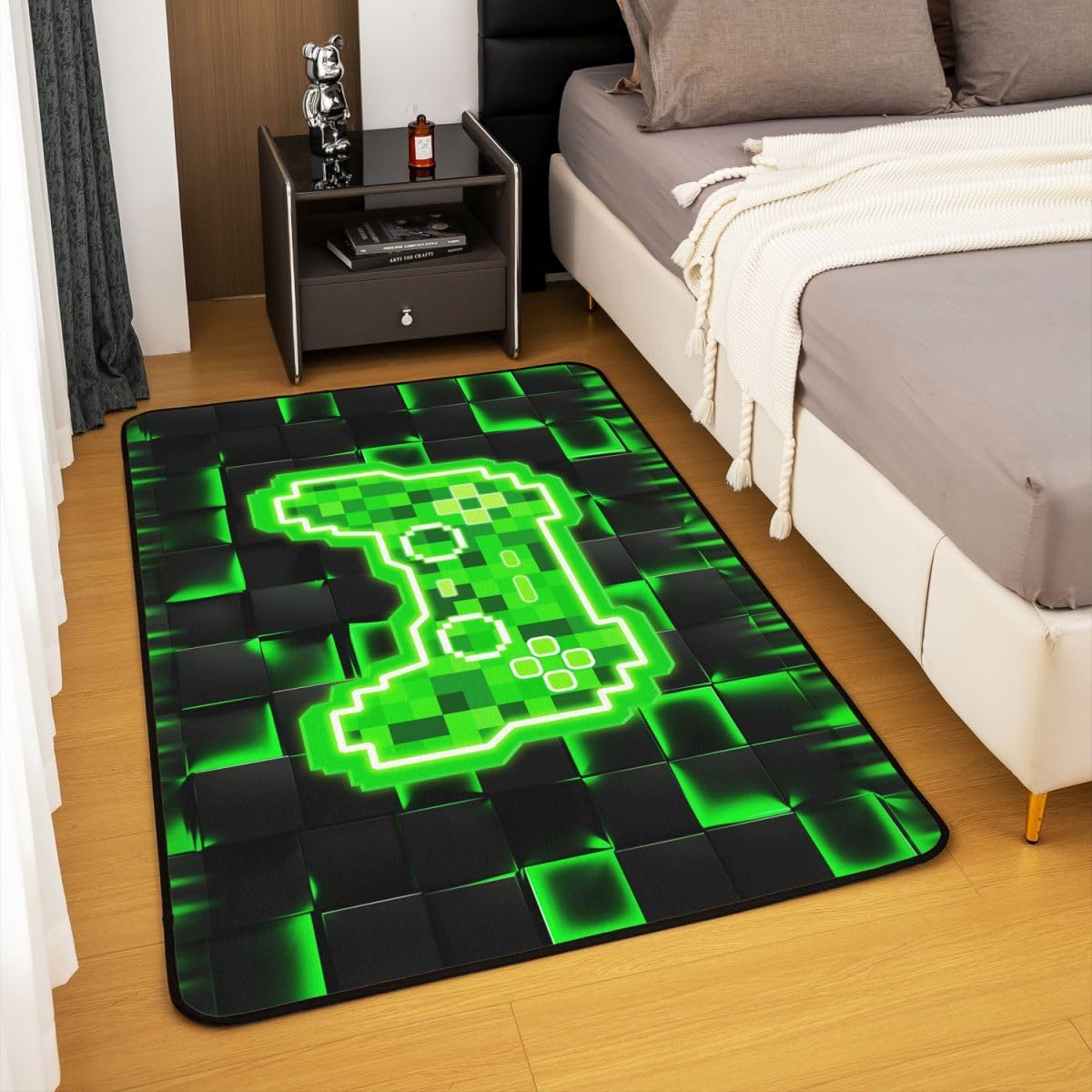 Boy Gamepad Area Rugs,Neon Geometric Checkered Non Slip Carpet Pixelated Video Games Indoor Floor Mat Entrance Rug,Black Green Gaming Home Living Room Bedroom Decor,3'x5'