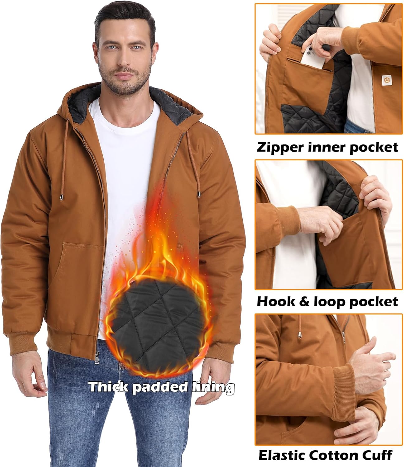 CARWORNIC Men's Winter Hooded Active Jacket with Warm Quilted-Lined Cotton Outdoor Workwear Coats - Image 5