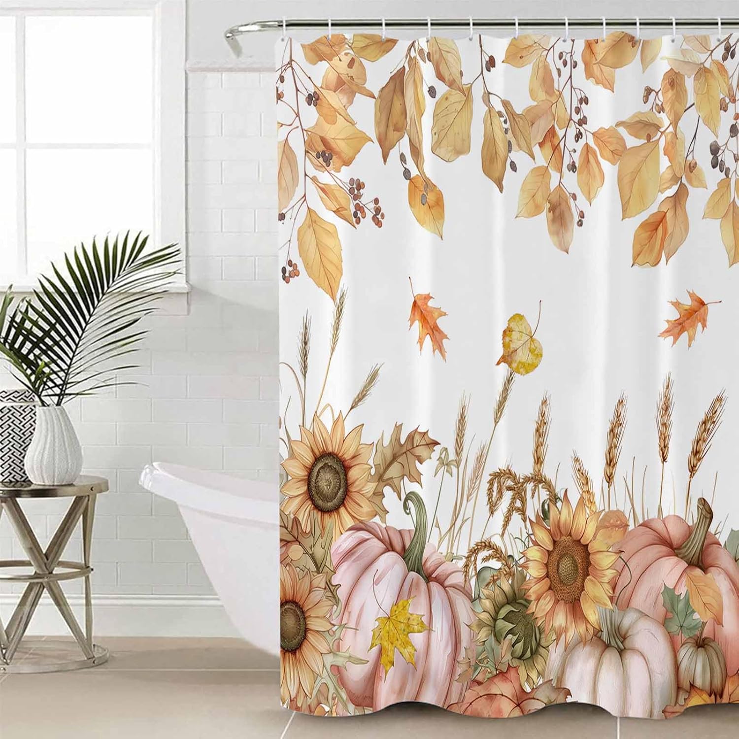 Fall Shower Curtain, Pumpkin Sunflowers Thanksgiving Bathroom Shower Curtains, Seasonal Pumpkin Leaves Wheat Shower Curtain with Hooks Polyester Waterproof Home Bathtub Decor, 72" x 84"