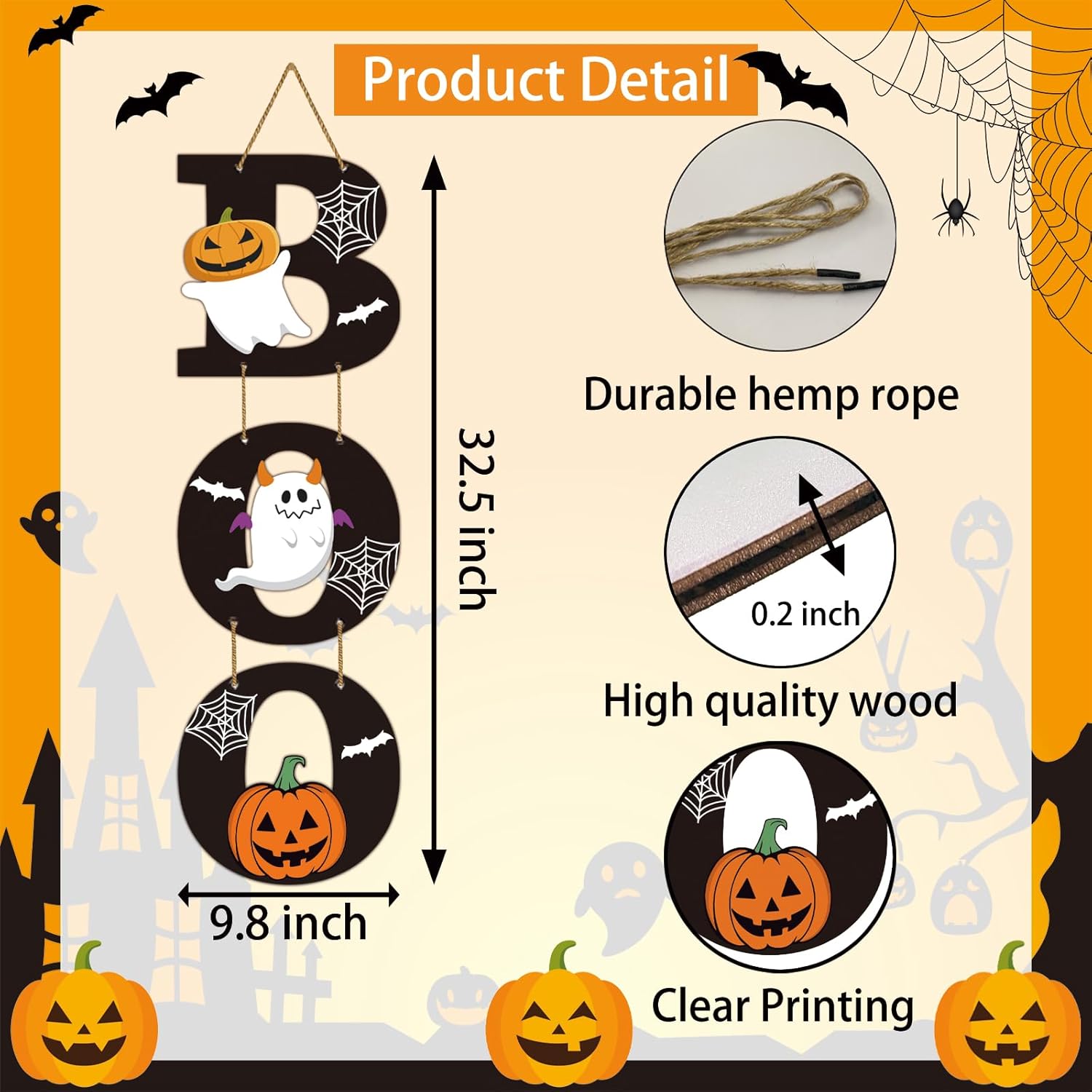 Halloween Door Decorations Halloween Wreath Cute Ghost Decor Pumpkin Boo Sign Bat Spider Web Wooden Front Door Hanger Ghost Pumpkin Hanging Sign Wreath for Wall Indoor Home Decor