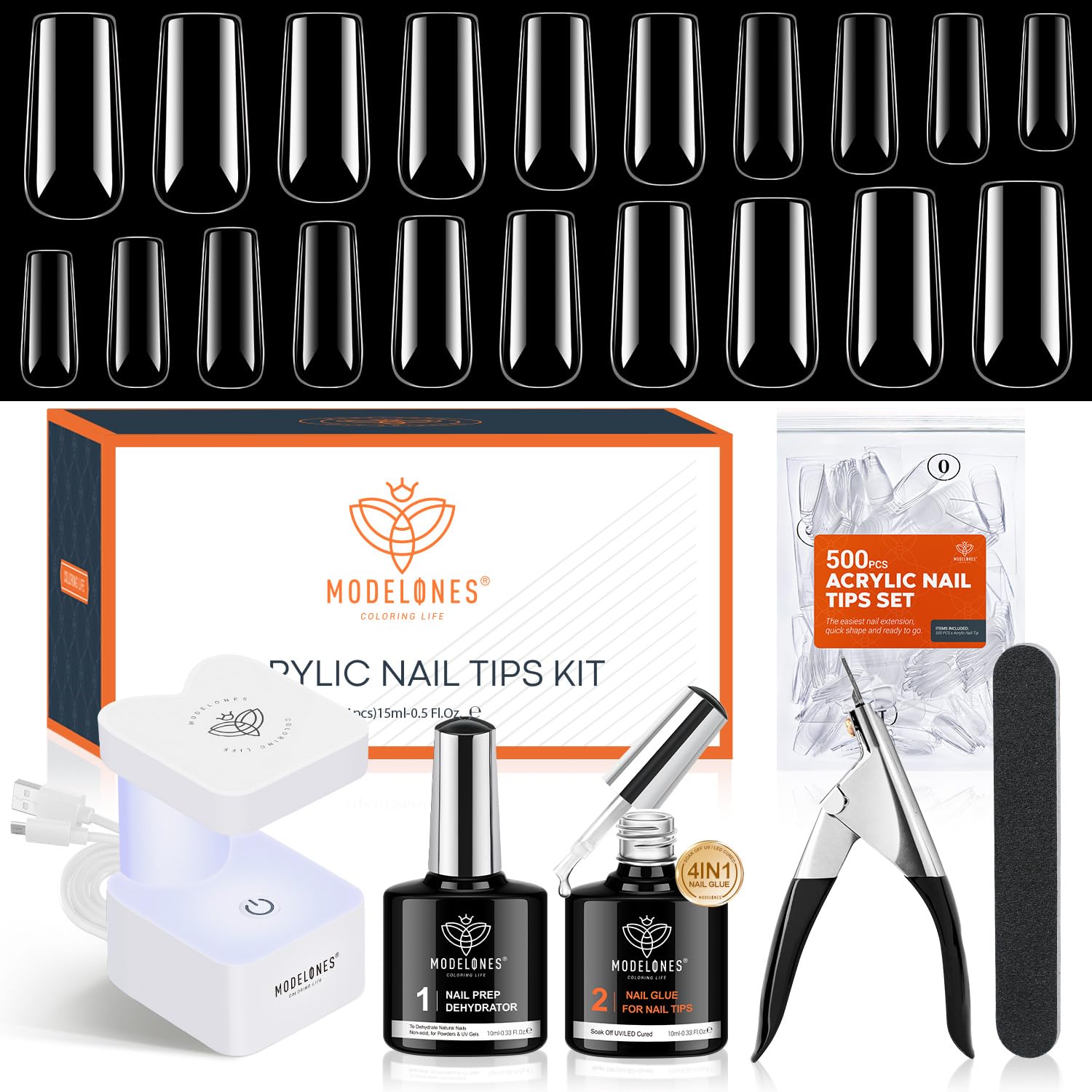 modelones X Nail Gel Kit,Square Nail Tips, 9-in-One Glue Prep Dehydrator & Portable Mini U V Light Acrylic Clipper, 500Pcs Medium Square Tips for