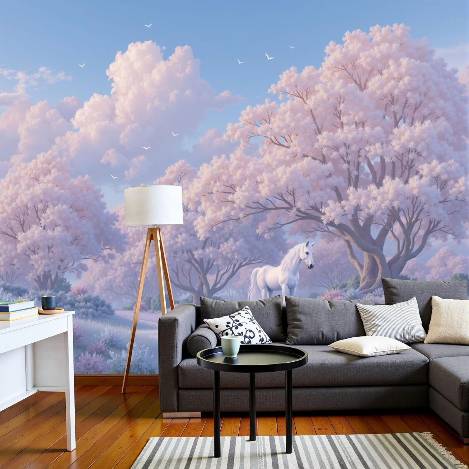 3D Effect Photo Wallpaper Fairy Tale Horse Poster Dreamy Cherry Blossom Trees XXL Non-woven Wallpaper Pink Living Room Bedroom Picture Wallpaper, 250cm x 175cm Stickers - Frameless Painting - Poster