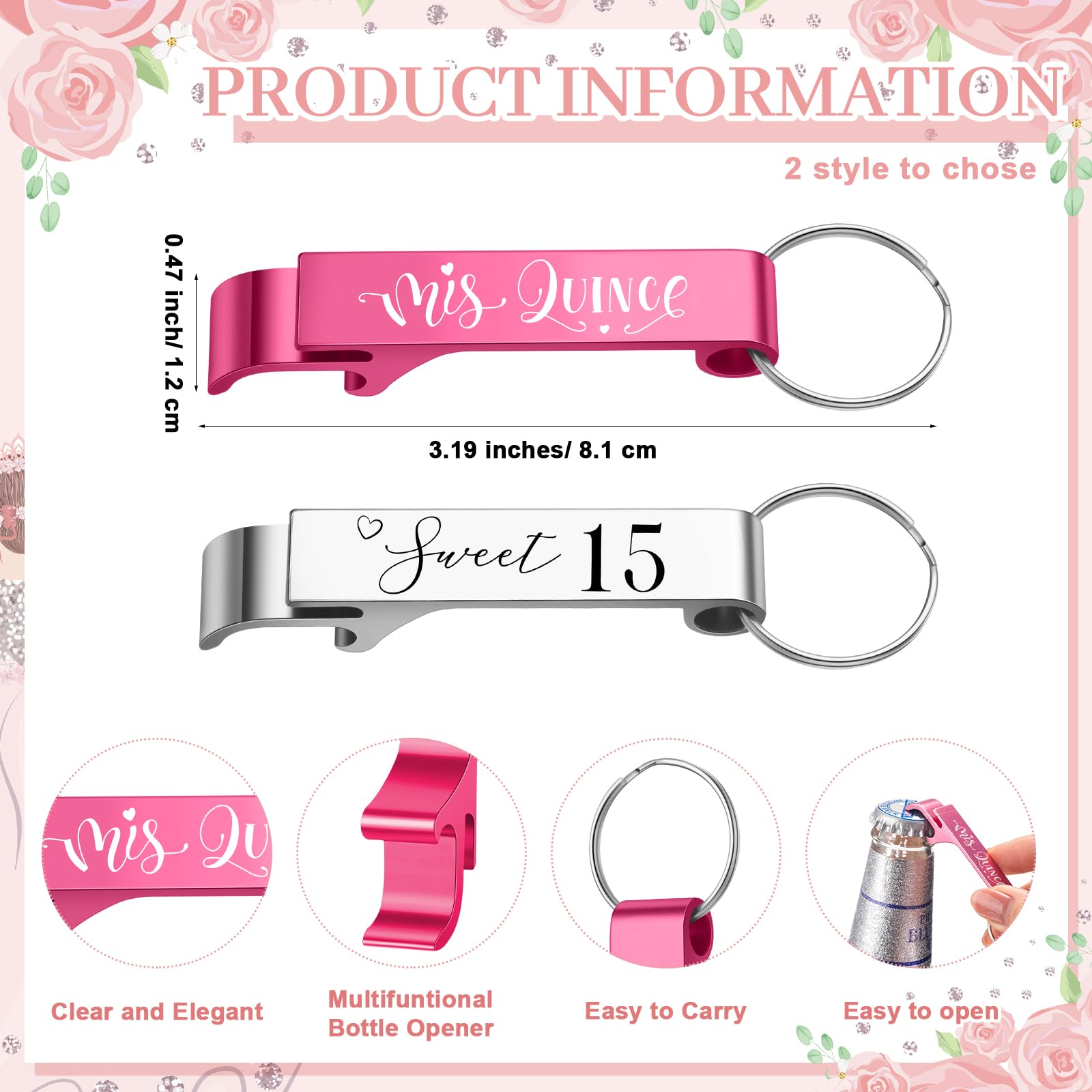 SiliFine 30 Set Quinceanera Party Favors for Guests Sweet 15th Acrylic Shot Glasses Bottle Opener Keychain Organza Bags Thank You Cards Rope Quinceanera Gift for 15th Birthday Party Favor (Pink)
