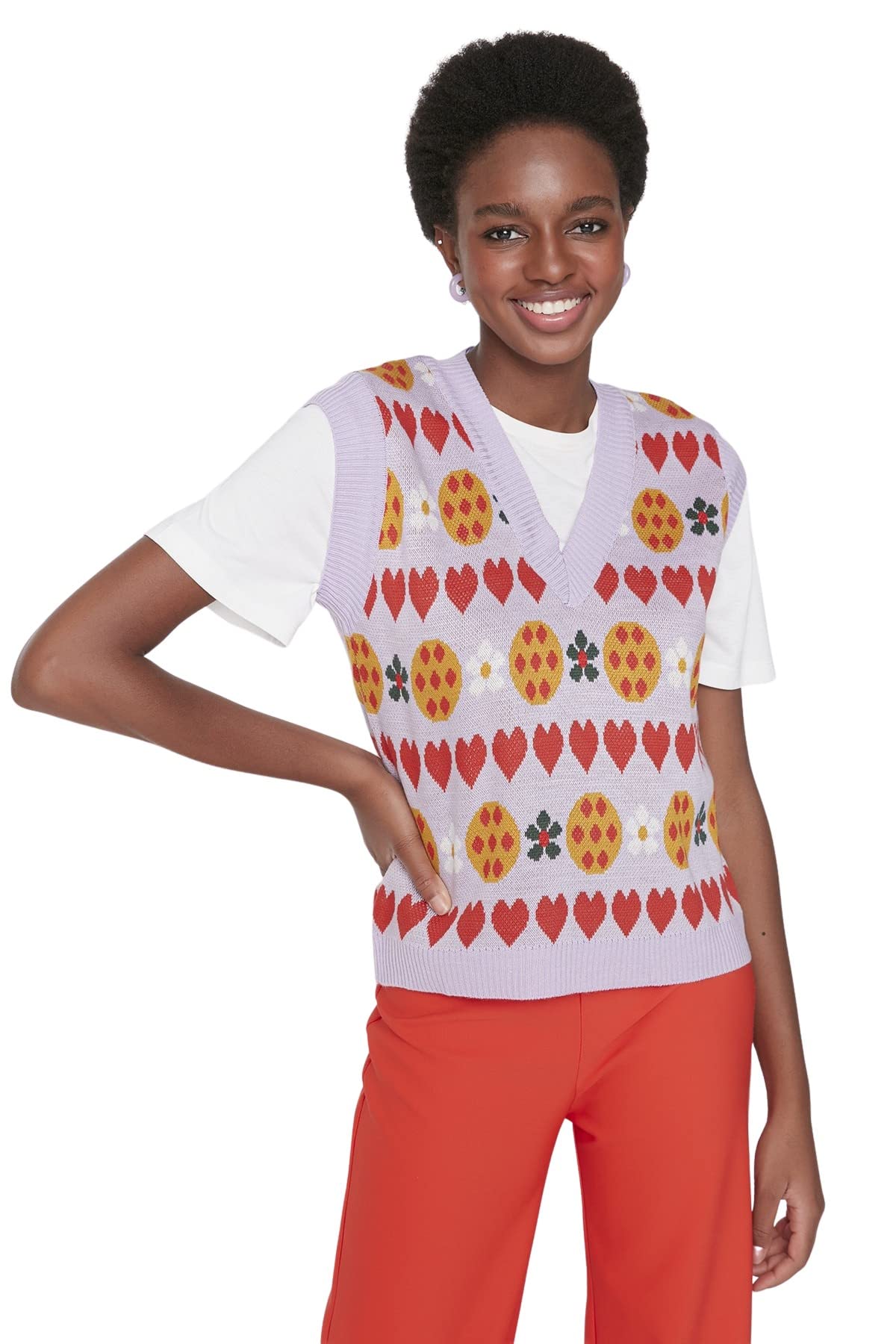 Trendyol Woman Figurbetont Standard V-Ausschnitt Trikot Strickweste, Lila, L