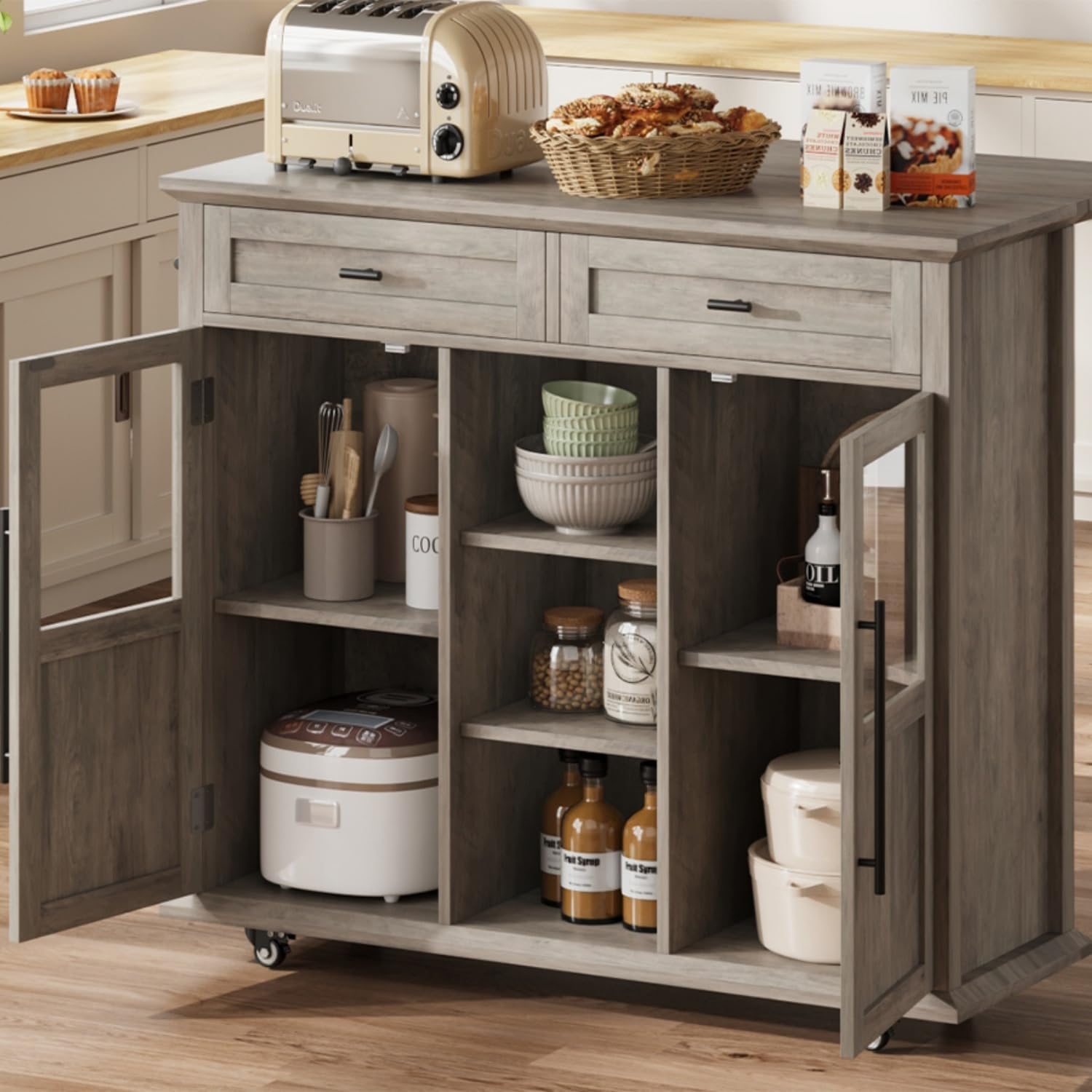 CABIHOME Kitchen Island with Storage, 41'' Storage Island with Drawer, Open Shelf and Door Cabinet, Rolling Cart with Adjustable Shelves for Kitchen & Dining Room, Gray