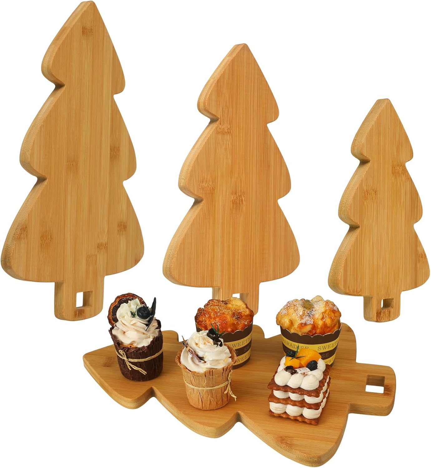 Sliner Set of 3 Christmas Tree Shaped Cutting Board Wood Serving Chopping Board Platter Wooden Butcher Block for Kitchen Decoration Cheese Vegetables Meat Fruit Salad Wine Holder Gift Home Wall Art