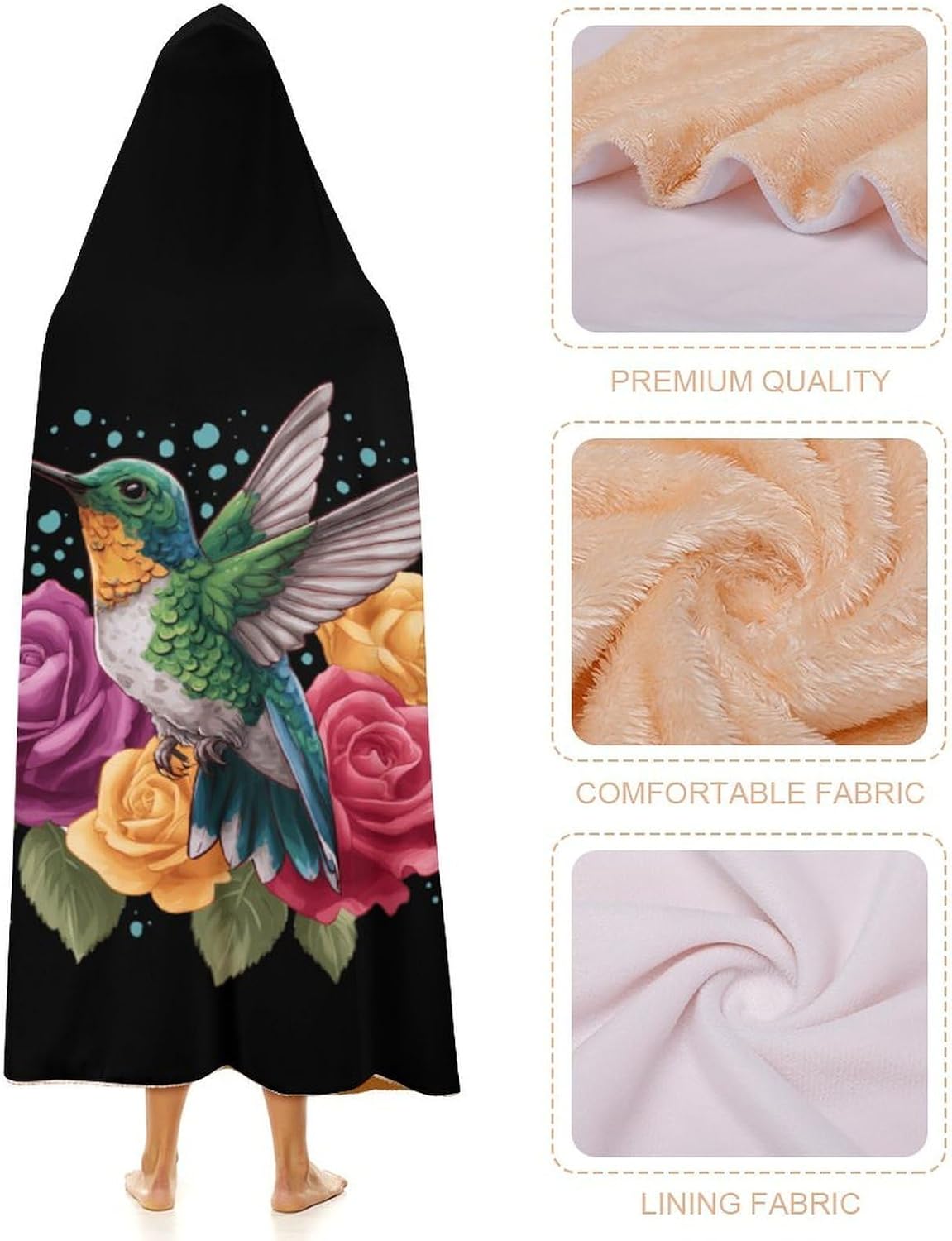 Hummingbird Rose Wearable Blanket Oversized Throw Cape | Cozy Hooded Blanket Gifts for Women Men