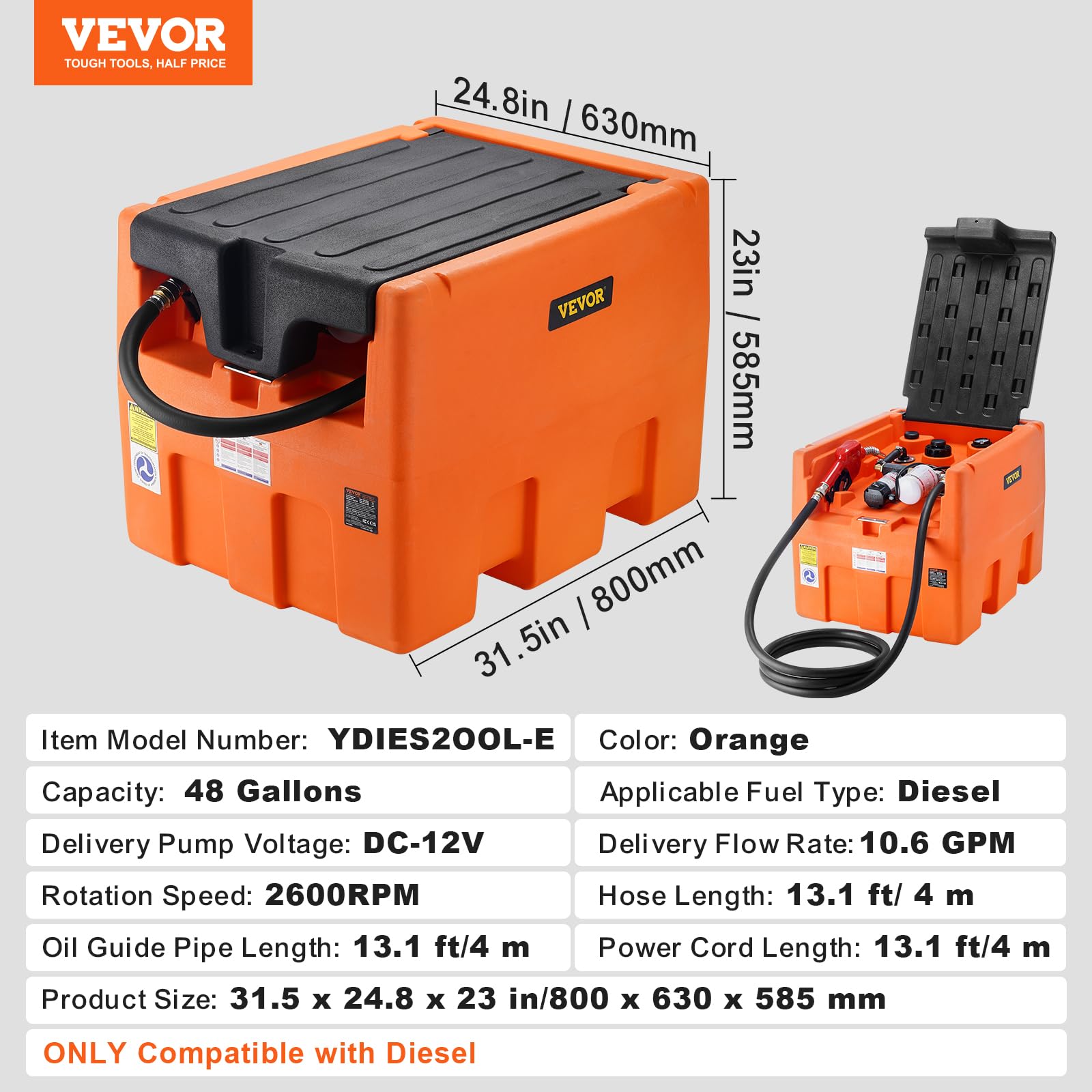 VEVOR Serbatoio Diesel Portatile 182 L, Serbatoio Rifornimento Carburante, Pompa di Trasferimento 12 V 40 L/min Tubo Flessibile da 4 m, per Veicoli Apparecchi Agricoltura Industriale Commerciale