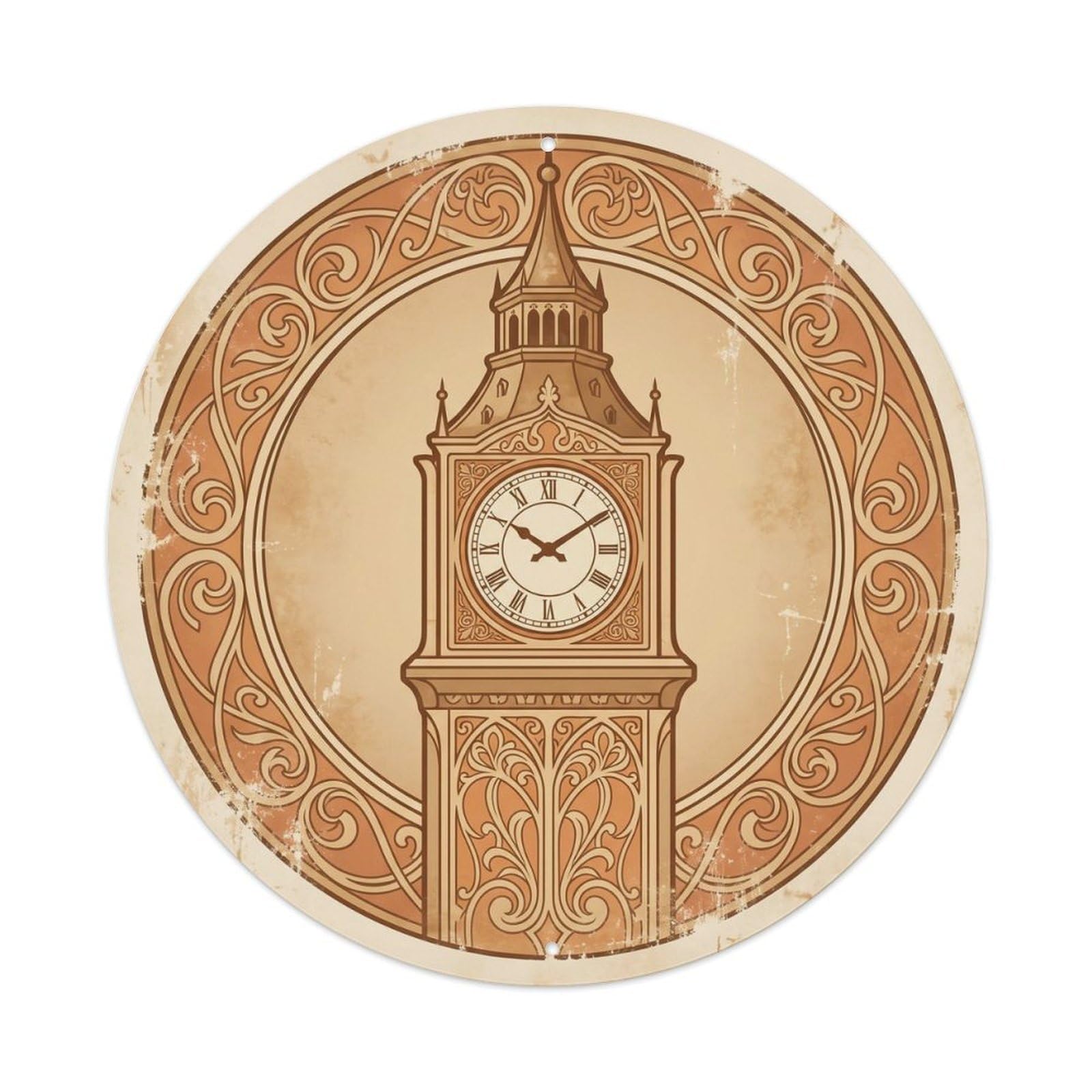 Vintage Travel Clocktower Europe Landmark Metal Tin Sign Plaque Wall Decor for Cafe, Club, Garden Round Metal Poster 8x8Inch