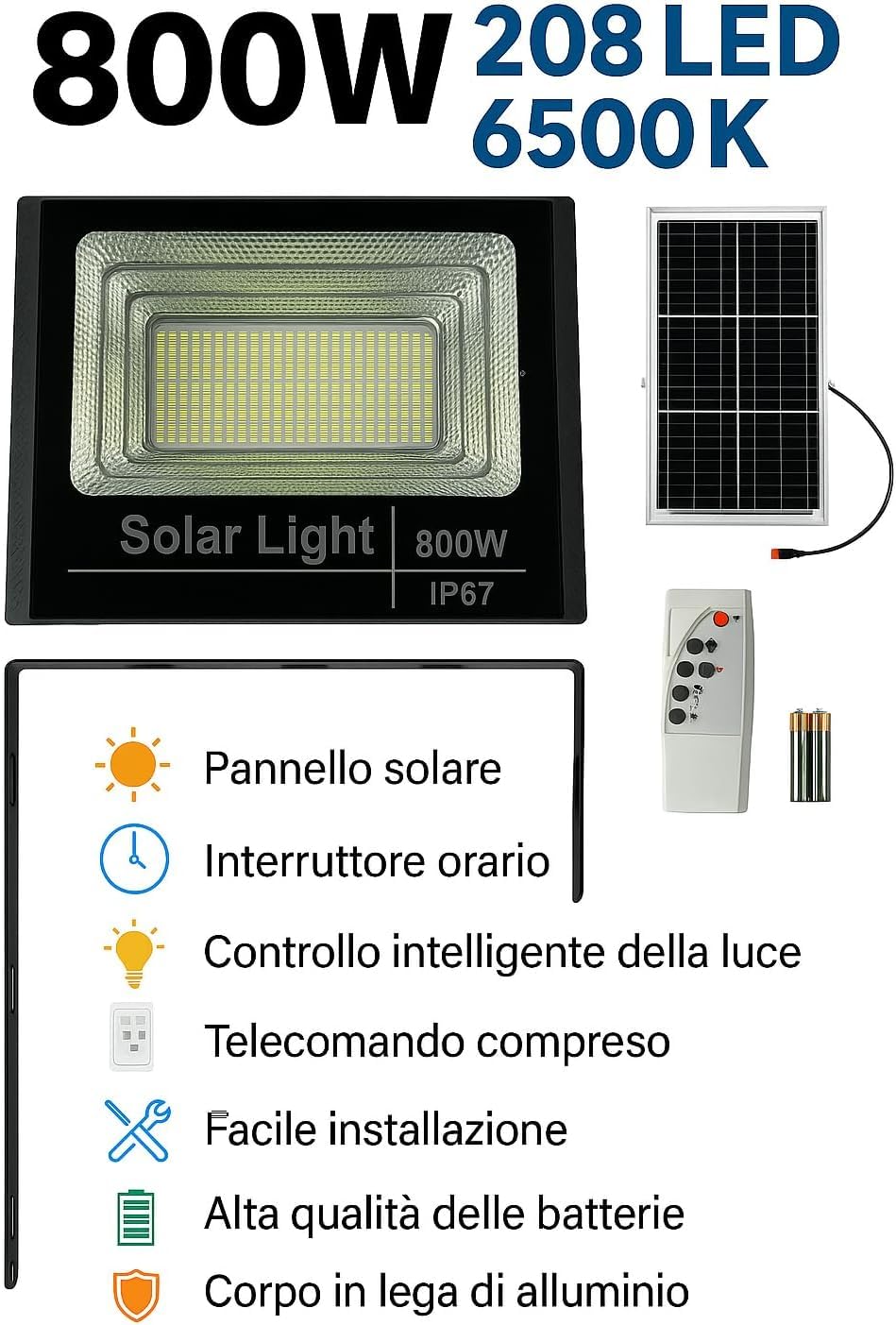 Faro a LED 800W con Pannello Solare IP66, Sensore Crepuscolare e Telecomando | SMD Ultra Luminoso da Esterno | [Classe di efficienza energetica A+++]