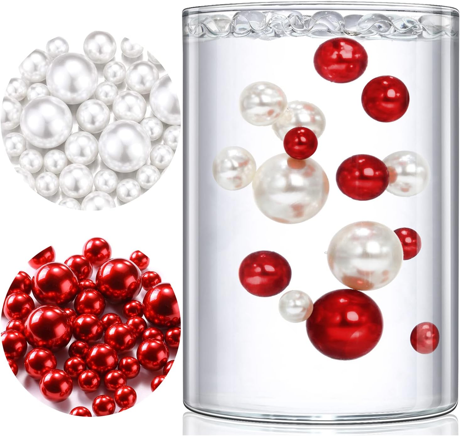 NOTCHIS White and Red Floating Beads No Hole Pearl for Vases, Highlight Pearl Bead Vase Fillers for Centerpieces, 30mm, 20mm, and 14mm, DIY Birthday, Anniversary, Valentine's Day Centerpieces