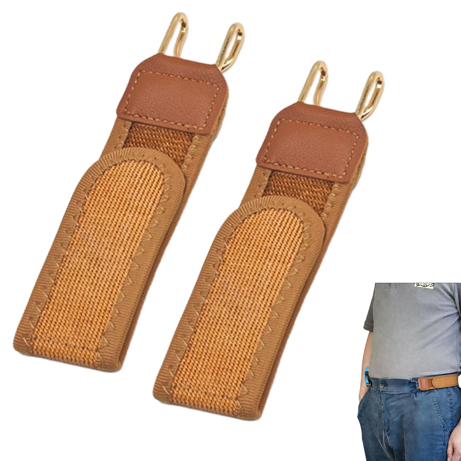 Géneric Buckleless Belt Hook, 2Pcs Elastic Belt Metal Hook, Invisible Waist No Buckle Belts for Men Women (Brown)