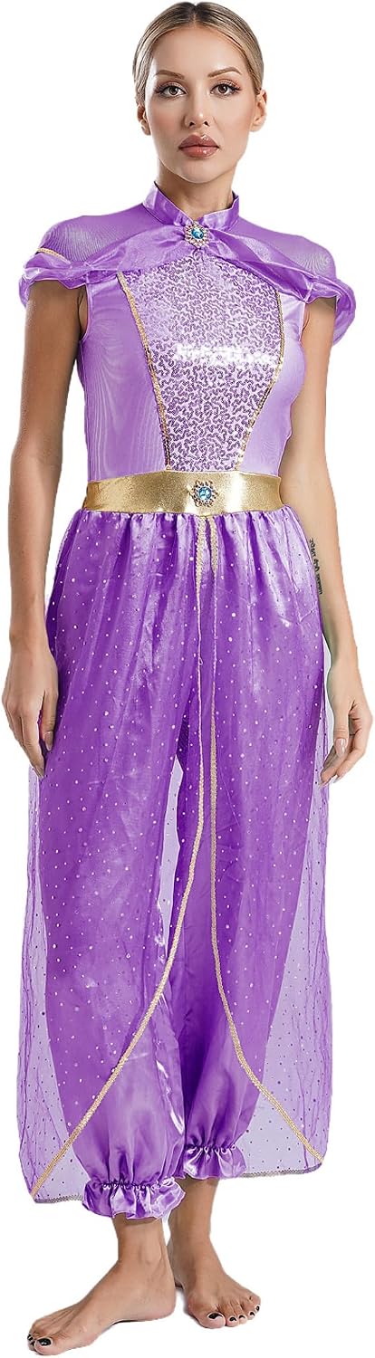 Women's Arabian Princess Sequins Belly Dance Jumpsuit Costume Bollywood Halloween Adult Fancy Dress