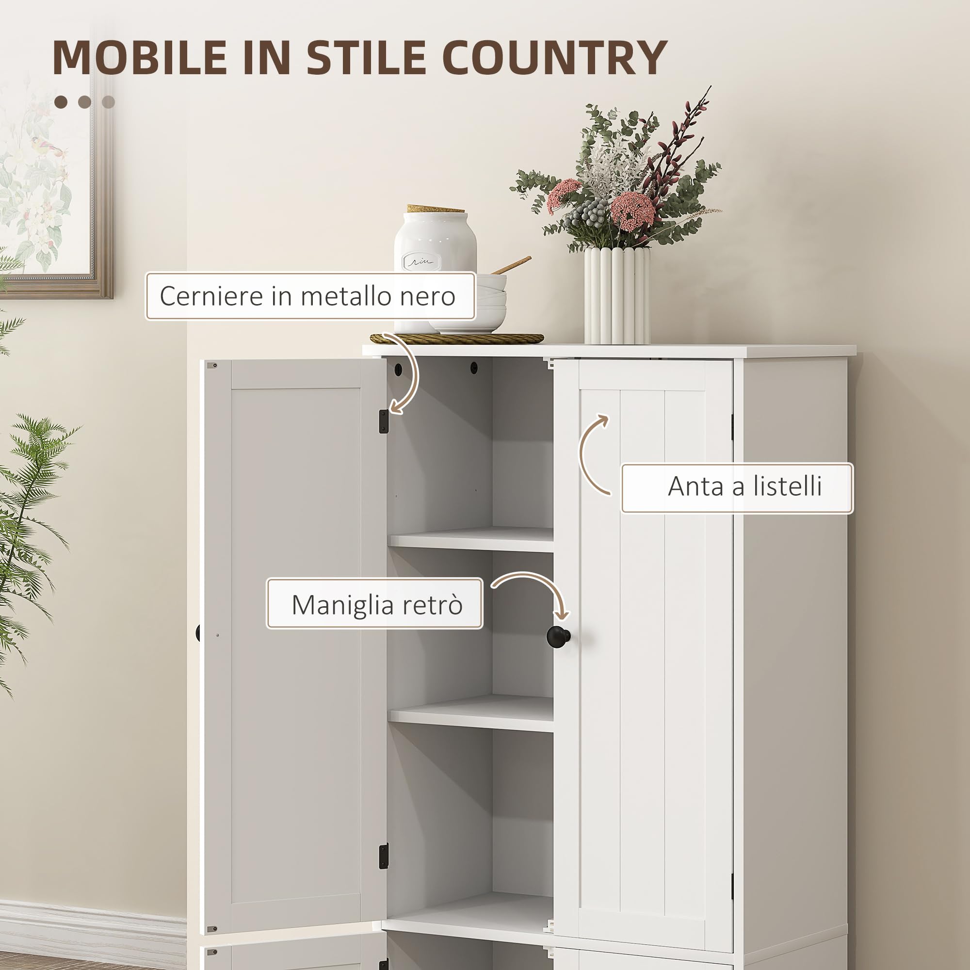 HOMCOM Credenza da Cucina a 4 Ante con 2 Armadietti, Mobile da Soggiorno e Salotto con Ripiano Regolabile e Dispositivo Antiribaltamento, 58.2x30x123 cm, Bianco