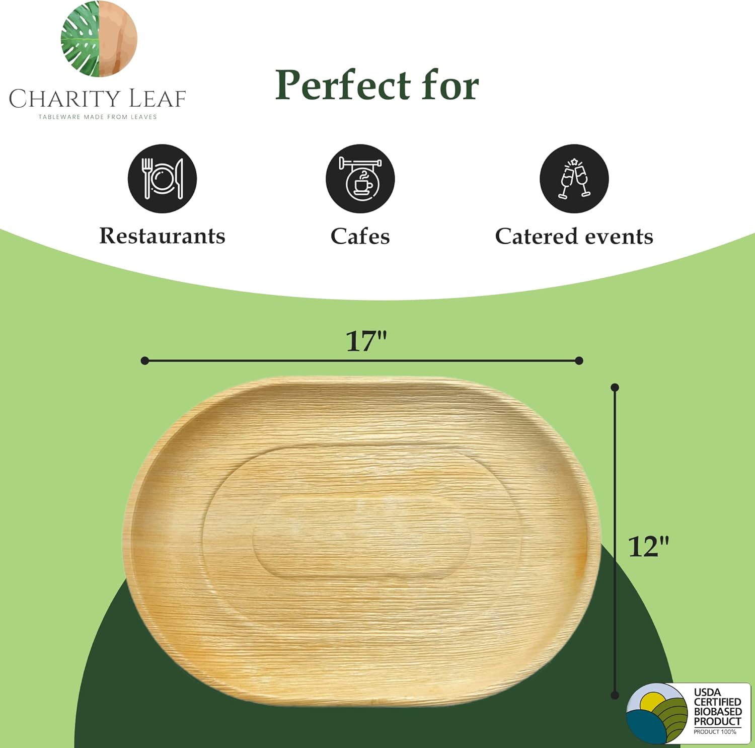 Charity Leaf Disposable Palm Leaf 17" x 12" Trays (50 pieces) Bamboo Like Serving Platters, Disposable Boards, Eco-Friendly Dinnerware For Weddings, Catering, Events