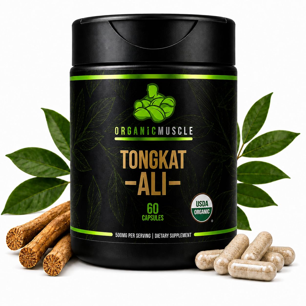 Organic Muscle Suplemento de Tongkat Ali Eurycoma longifolia 500 mg, 60 cápsulas