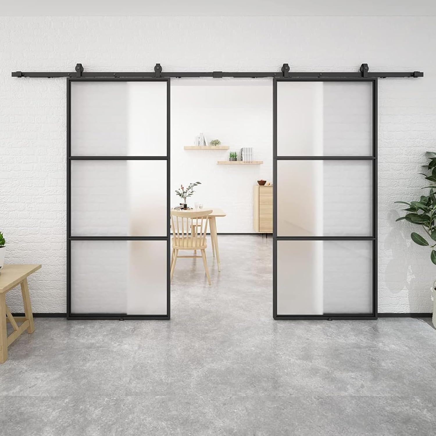 BARNSMITH 72in x 84 in Double Glass Barn Door with 12FT Top Mounted Hardware kit Soft Close, Black Carbon Steel Tempered Frosted Glass Sliding Interior Double Barn Door(2 * 36inx 84in)