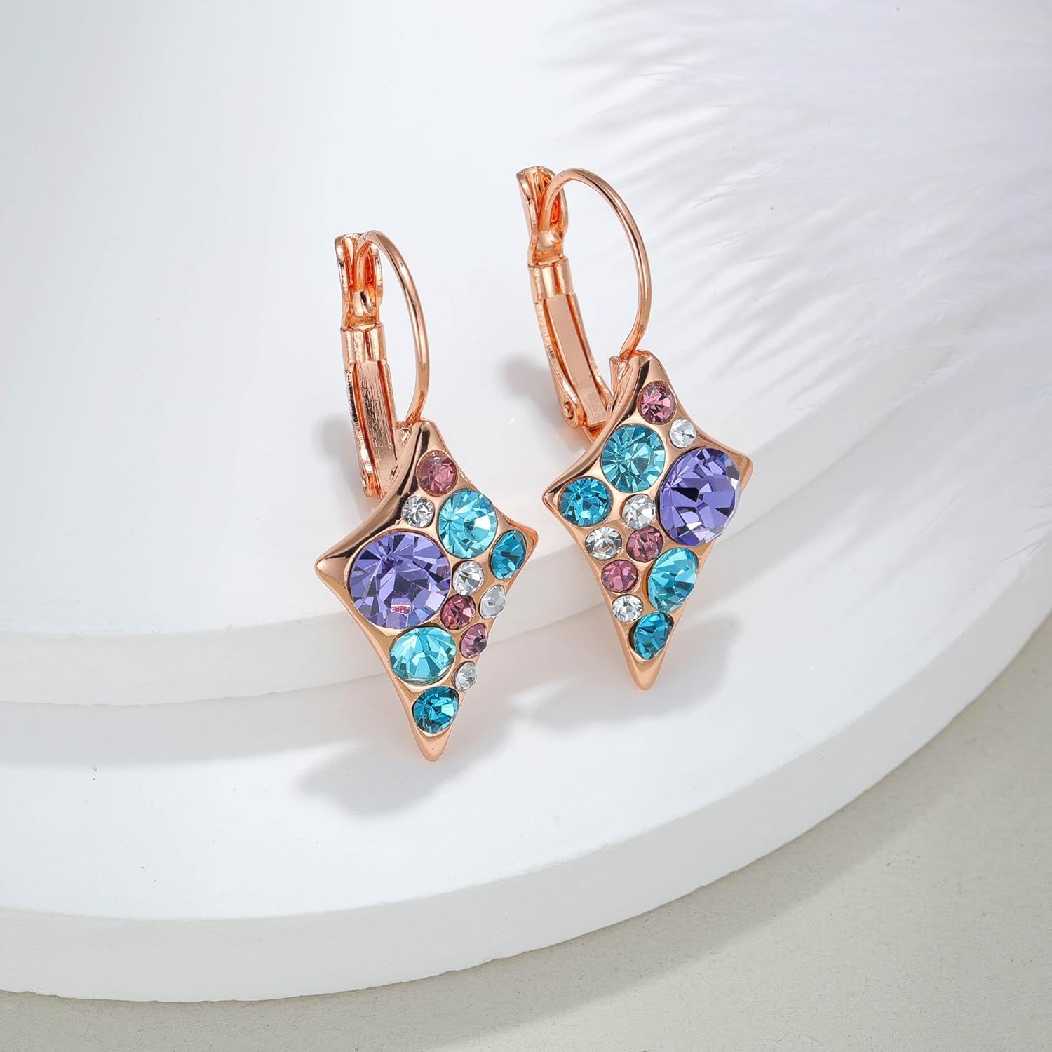 Multicolored Austrian Crystal Rhombus Drop Earrings for Women 14K Gold Plated Leverback Huggie Earrings Hypoallergenic Jewelry Gift - Image 5