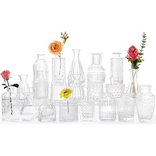 Glass Bud Vases -Set of 20 for Flowers, Small Clear Bud Vases in Bulk for Centerpieces Home Decor, Mini Glass Vase Assorted for Rustic Wedding,Floral Arrangements,Home Table Decorations