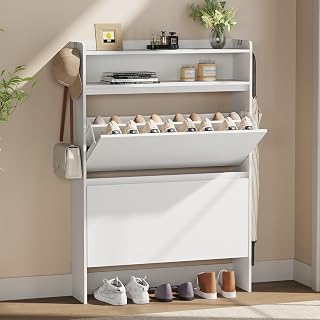 Modern Shoe Cabinet with 2 Flip Drawers & Open Storage, 31.5" W White | Freestanding shoe cabinet with flip drawers ,white design and space-saving storage for entryway,foyer & hallway.