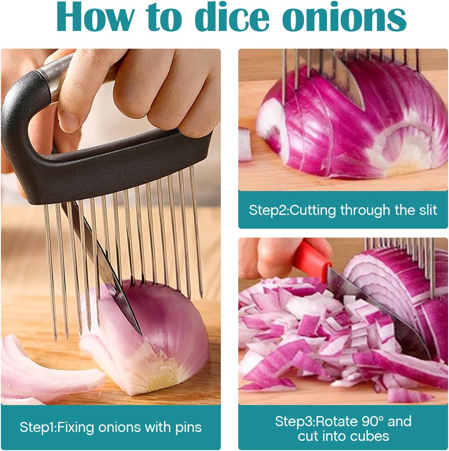 Onion Holder for Slicing,3pcs Onion Cutter Vegetable Chopper, Stainless Steel Tomato Potato Slicer, Meat Tenderizer Tool, Kitchen Food Slicer Guide for Neat Slicing